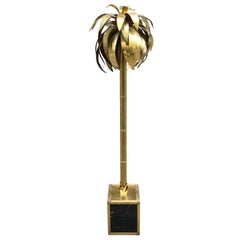 Tall Maison Jansen Brass Palm Tree Floor Lamp with Marble Base, 1970s