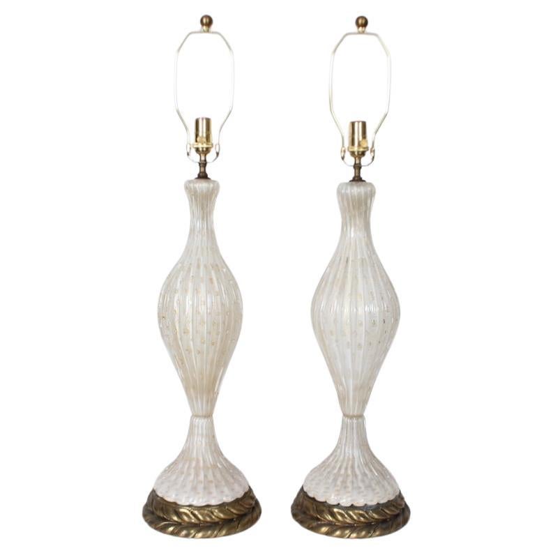 Tall Marbro Murano White & Clear Ribbed Glass Table Lamps with Gold Inclusions
