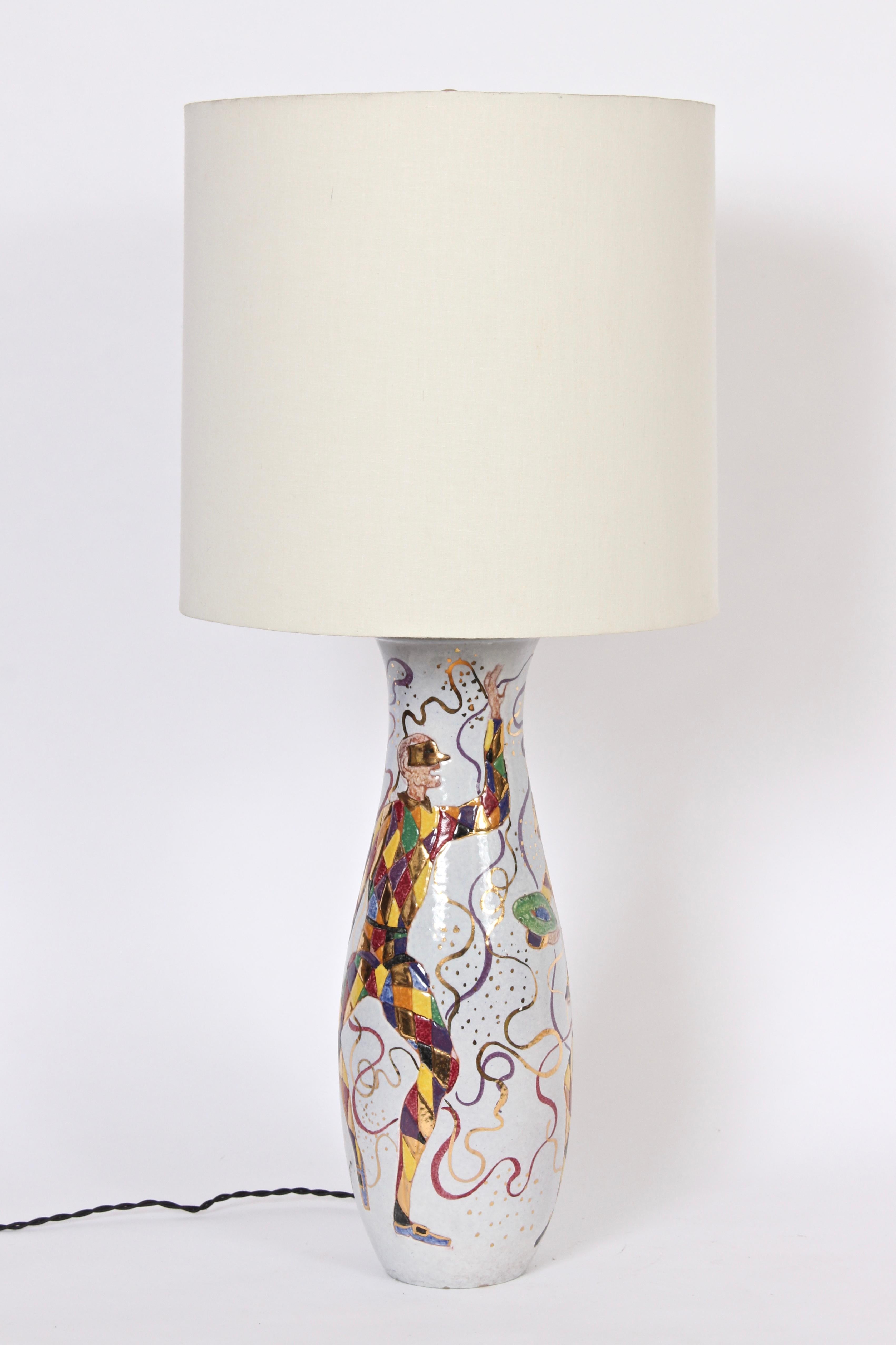 Tall Marcello Fantoni Festive Hand Painted White Pottery Table Lamp  For Sale 2