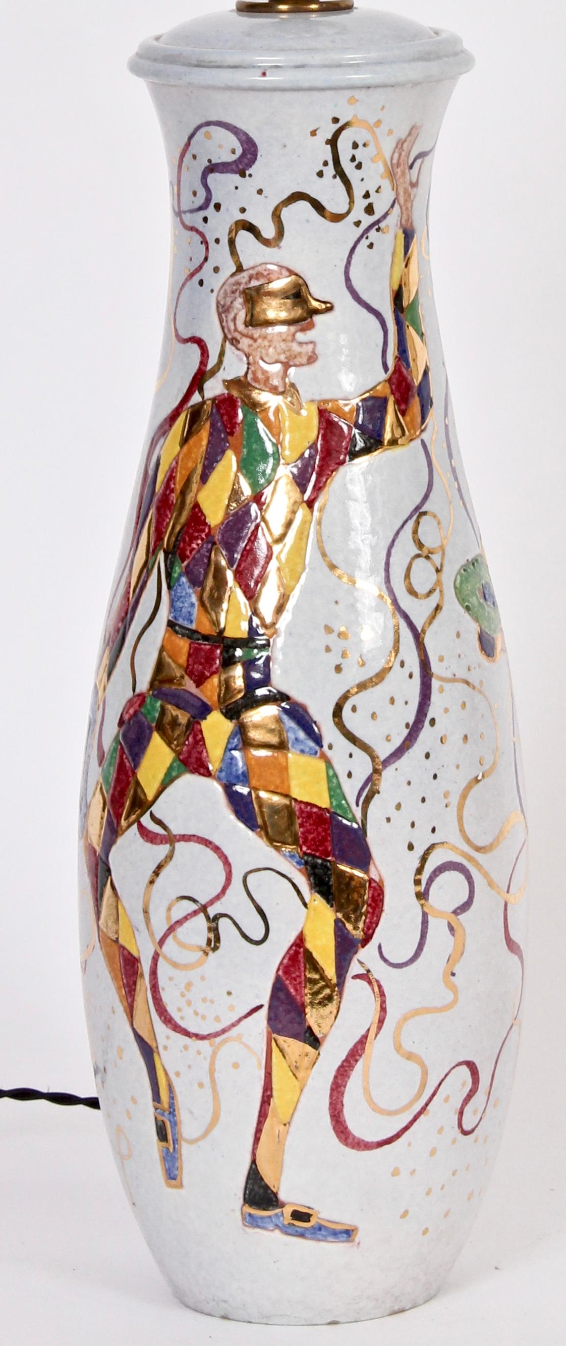 Tall Marcello Fantoni Festive Hand Painted White Pottery Table Lamp  In Good Condition For Sale In Bainbridge, NY
