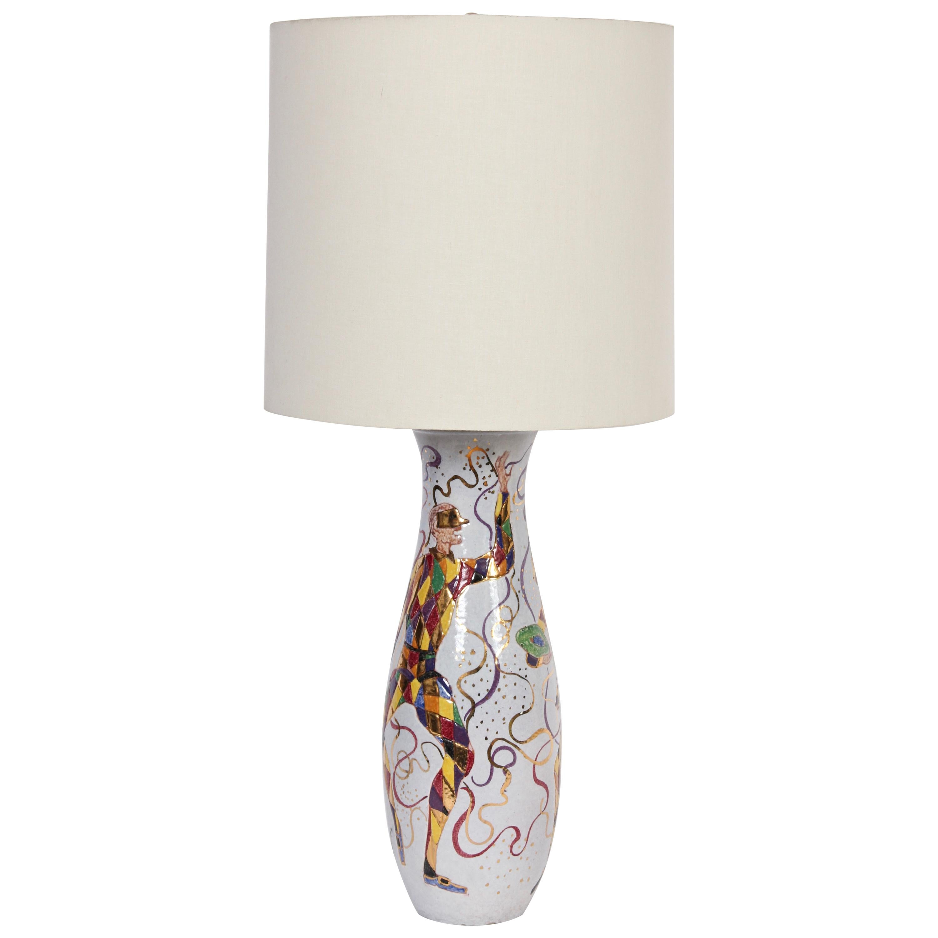 Tall Marcello Fantoni Festive Hand Painted White Pottery Table Lamp 