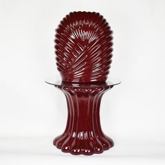 Tall Maroon Ceramic Glazed Planter Table with Glass Top and Ceramic Base, 1990s