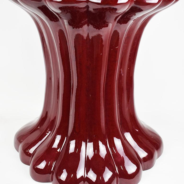 American Tall Maroon Ceramic Glazed Planter Table with Glass Top and Ceramic Base, 1990s For Sale