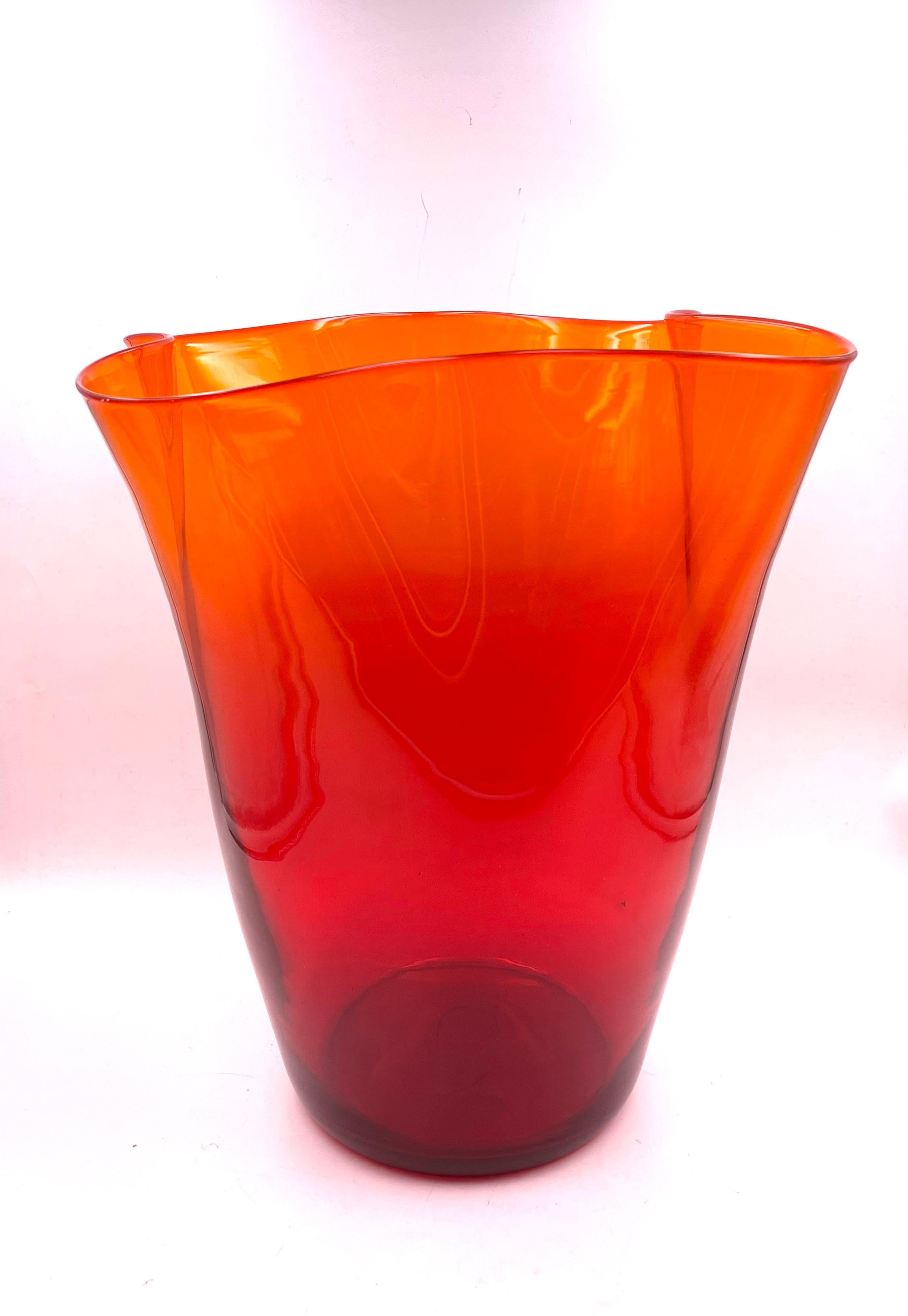 North American Tall Massive Collectible Amberina Glass Handkerchief Vase by Blenko