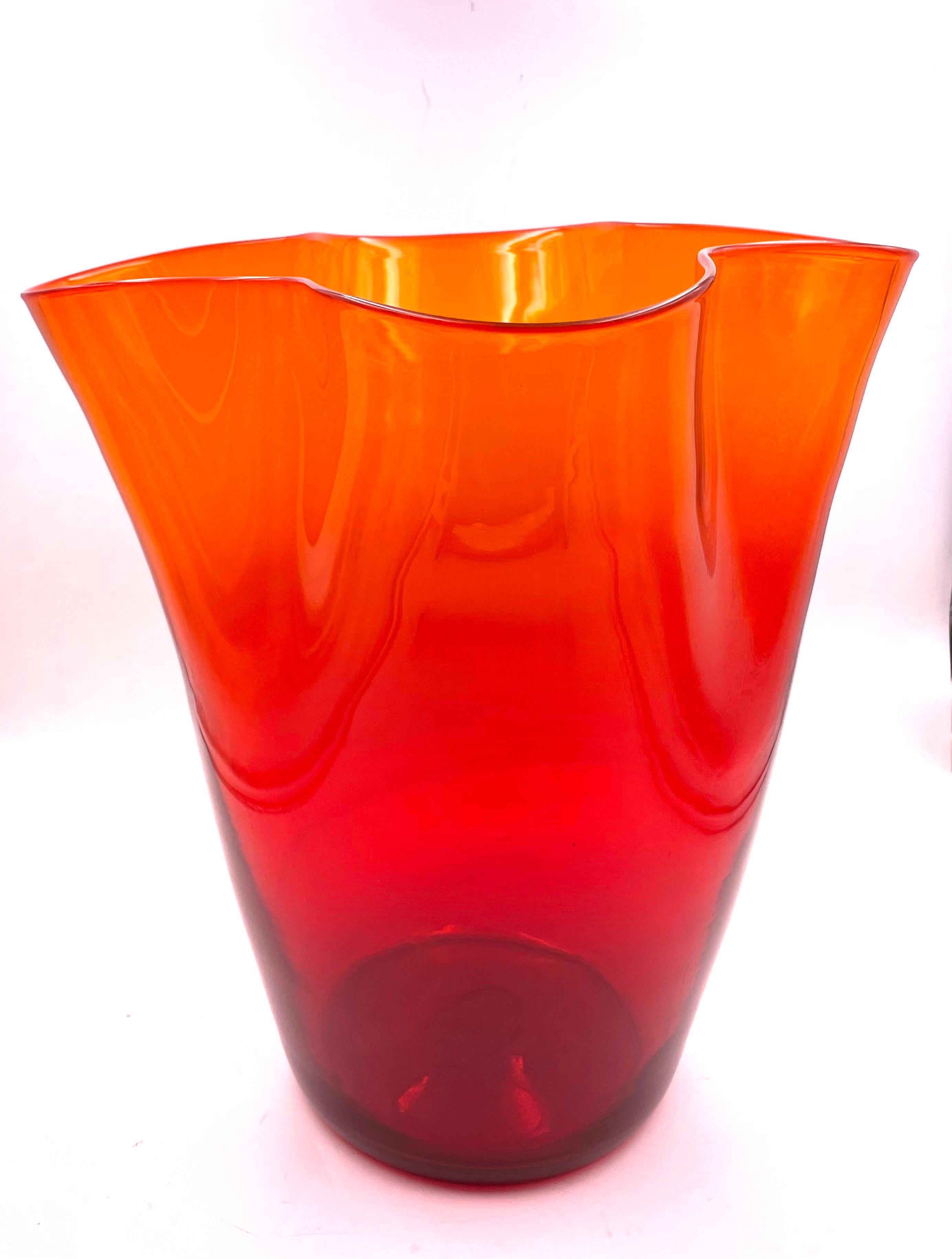 20th Century Tall Massive Collectible Amberina Glass Handkerchief Vase by Blenko