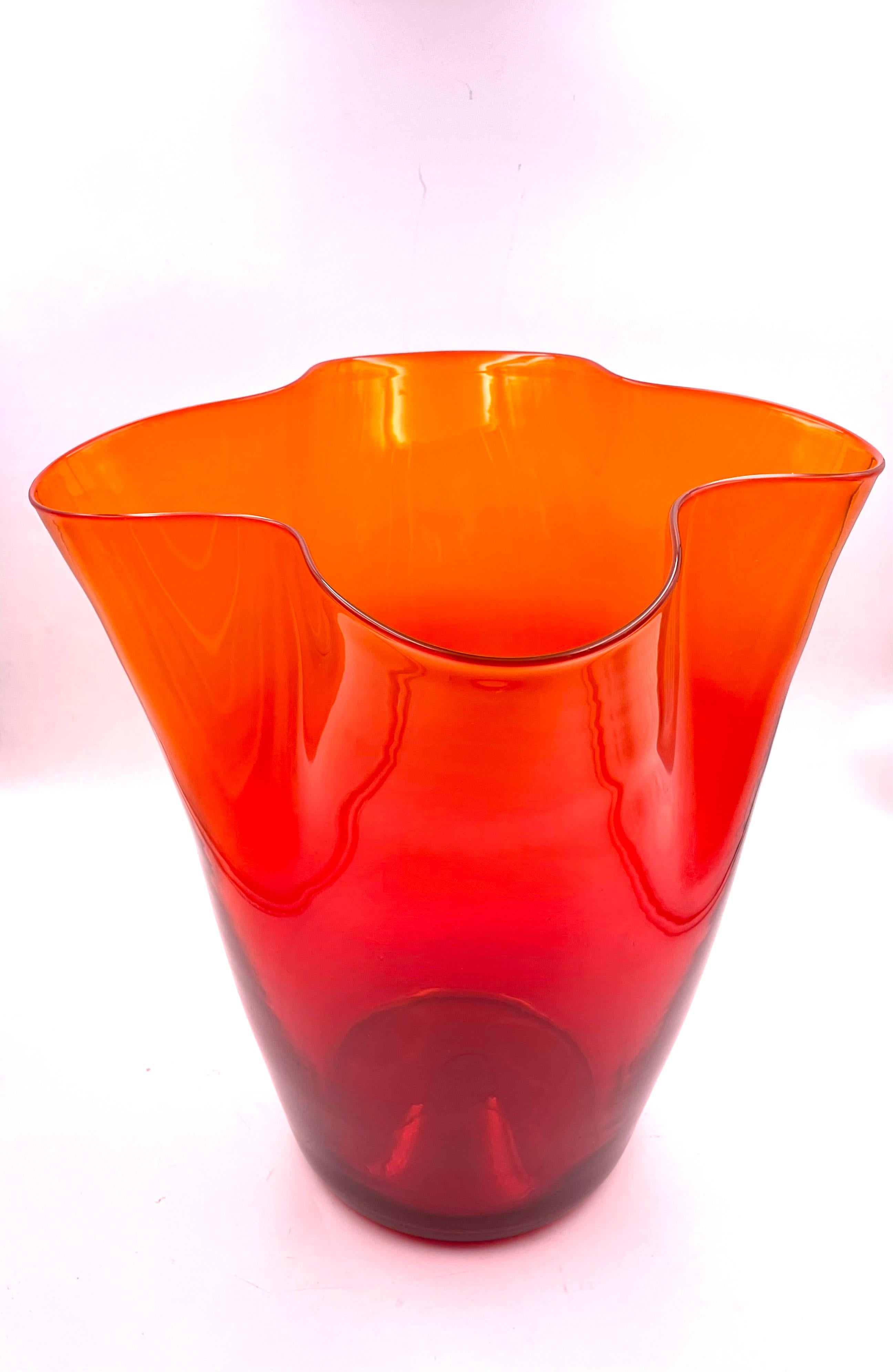 Blown Glass Tall Massive Collectible Amberina Glass Handkerchief Vase by Blenko