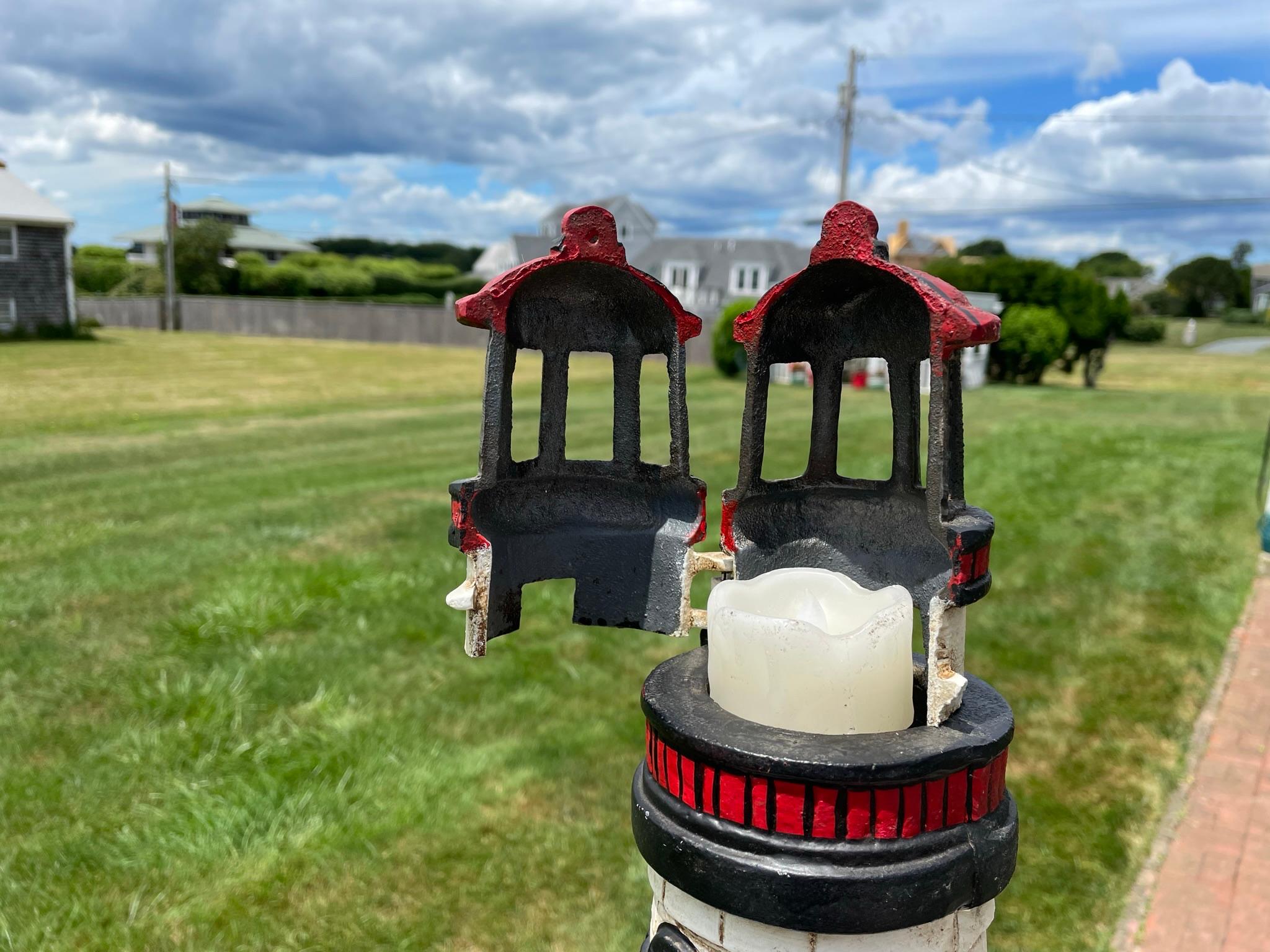 Japanese Tall Massive Old Light House Lantern Hand Painted Red and White For Sale