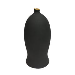 Tall Matte Dark Grey Ceramic Bottle Form Vase with Gold Lip by Sandi Fellman