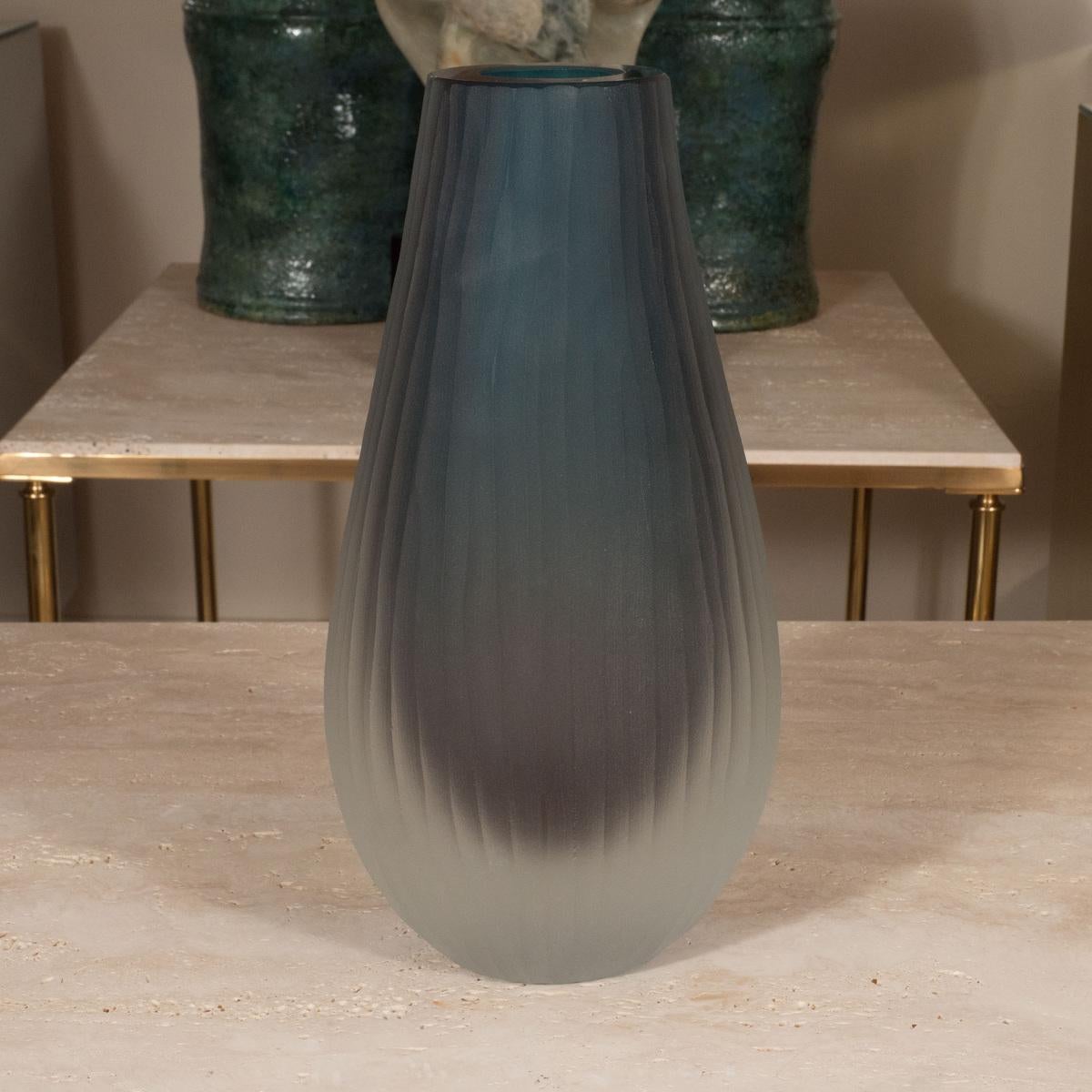 Tall matte Murano glass vase with green Sommerso design by Alberto Dona.