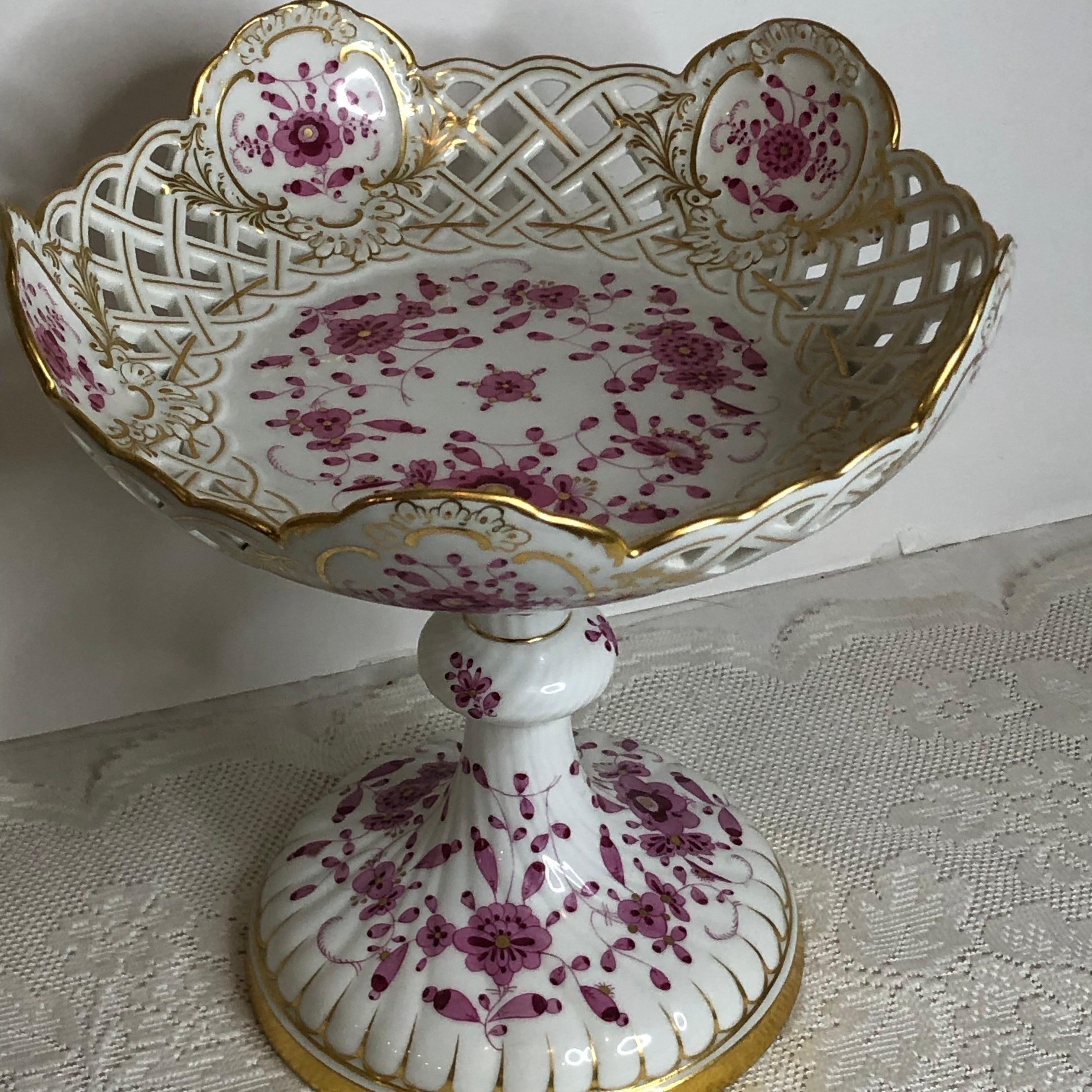 Tall Meissen Purple Indian Reticulated Compote with Pink, Puce & Gold Decoration 2