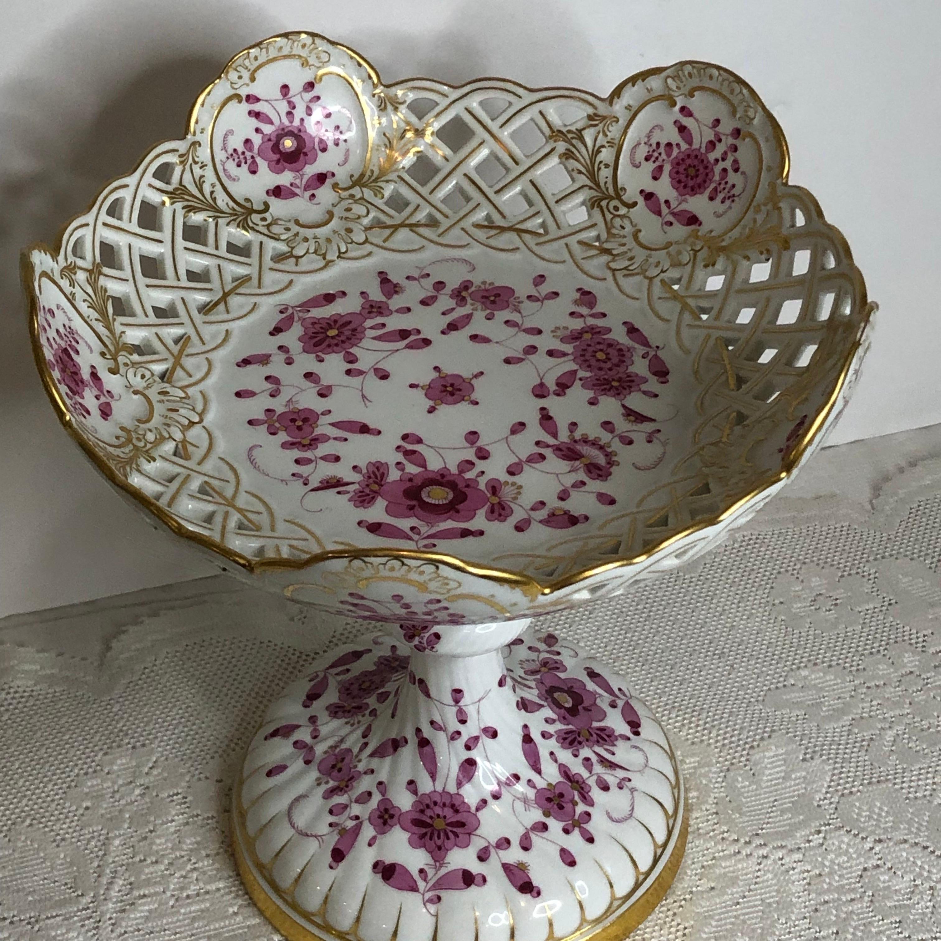 Tall Meissen Purple Indian Reticulated Compote with Pink, Puce & Gold Decoration 3
