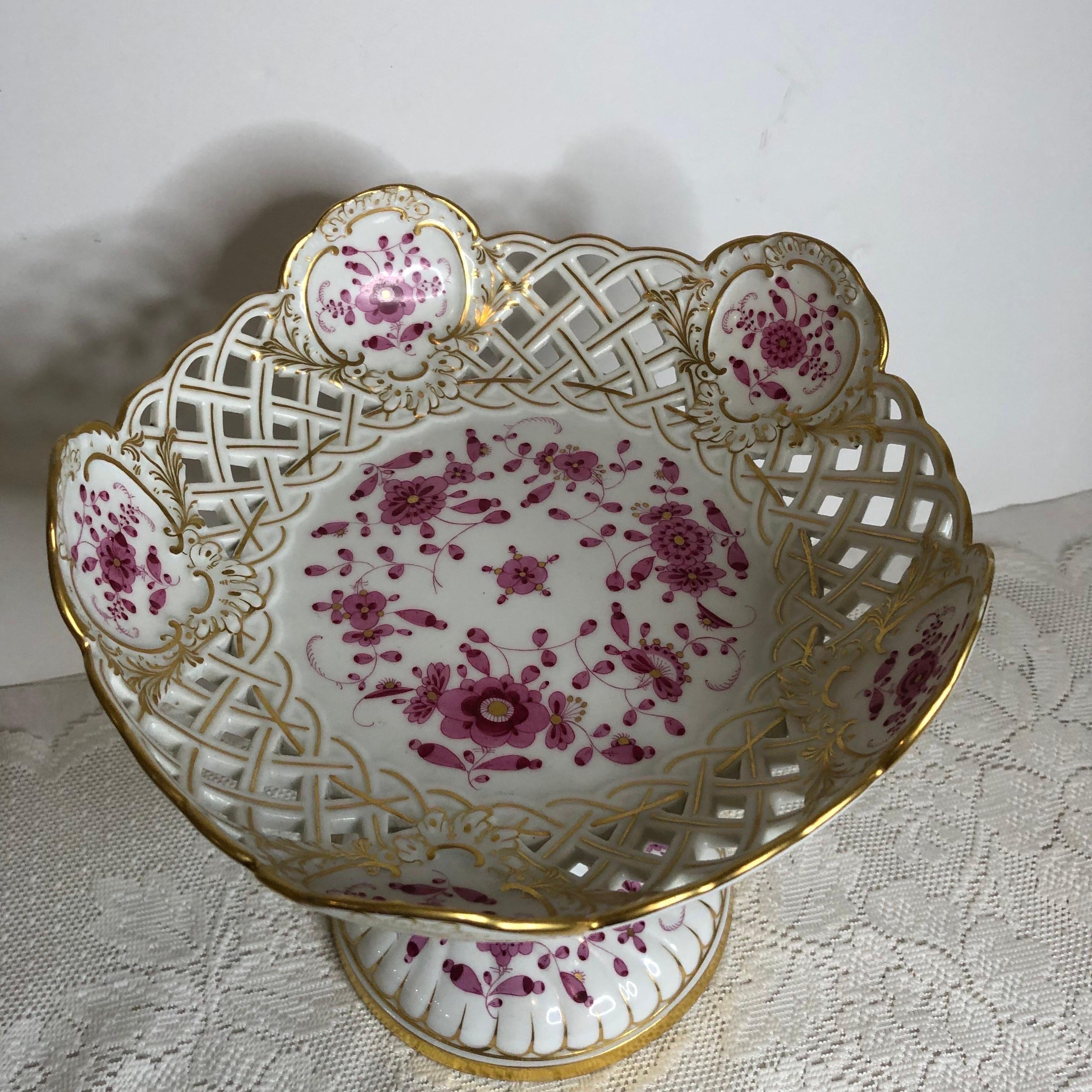 Tall Meissen Purple Indian Reticulated Compote with Pink, Puce & Gold Decoration 4
