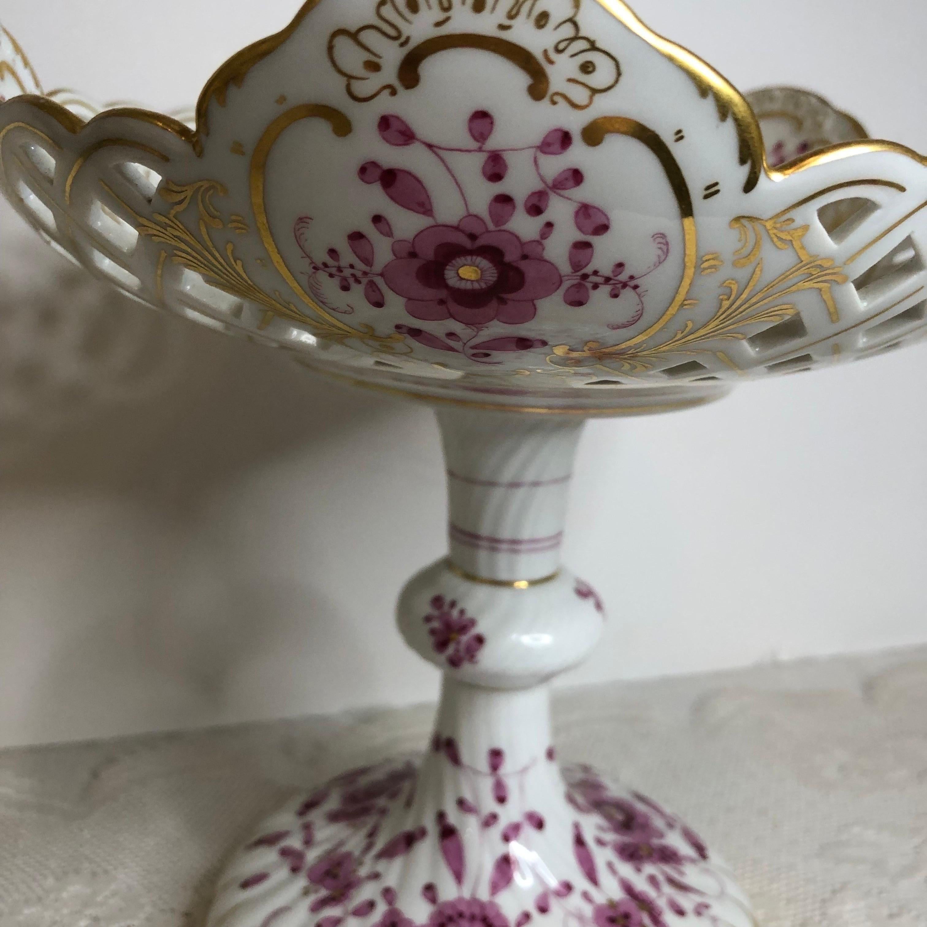 Tall Meissen Purple Indian Reticulated Compote with Pink, Puce & Gold Decoration 5