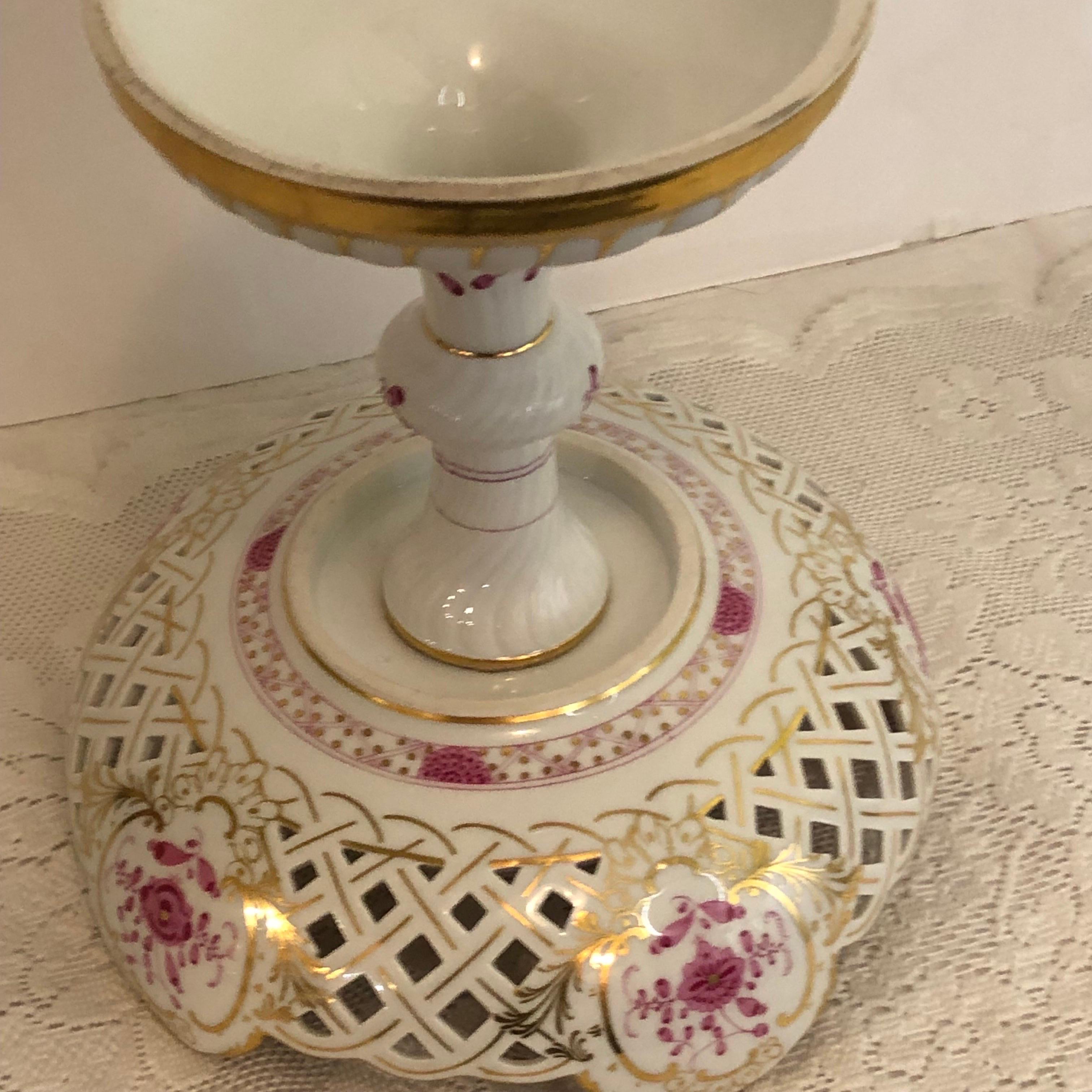 Tall Meissen Purple Indian Reticulated Compote with Pink, Puce & Gold Decoration 6