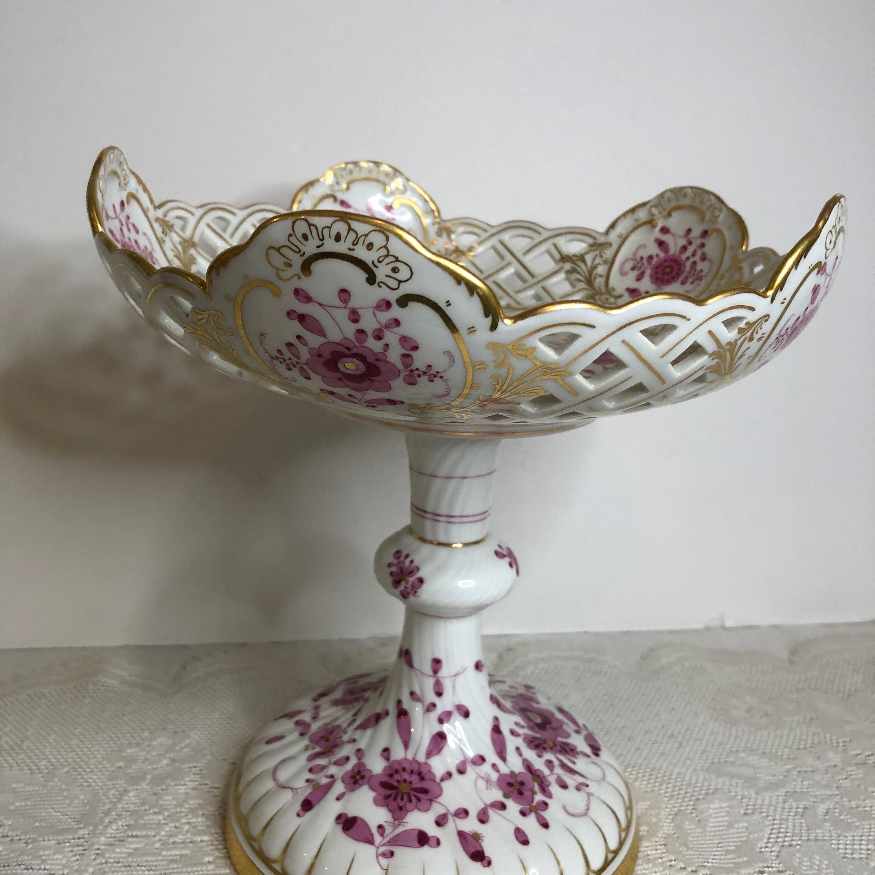 Tall Meissen Purple Indian Reticulated Compote with Pink, Puce & Gold Decoration 7