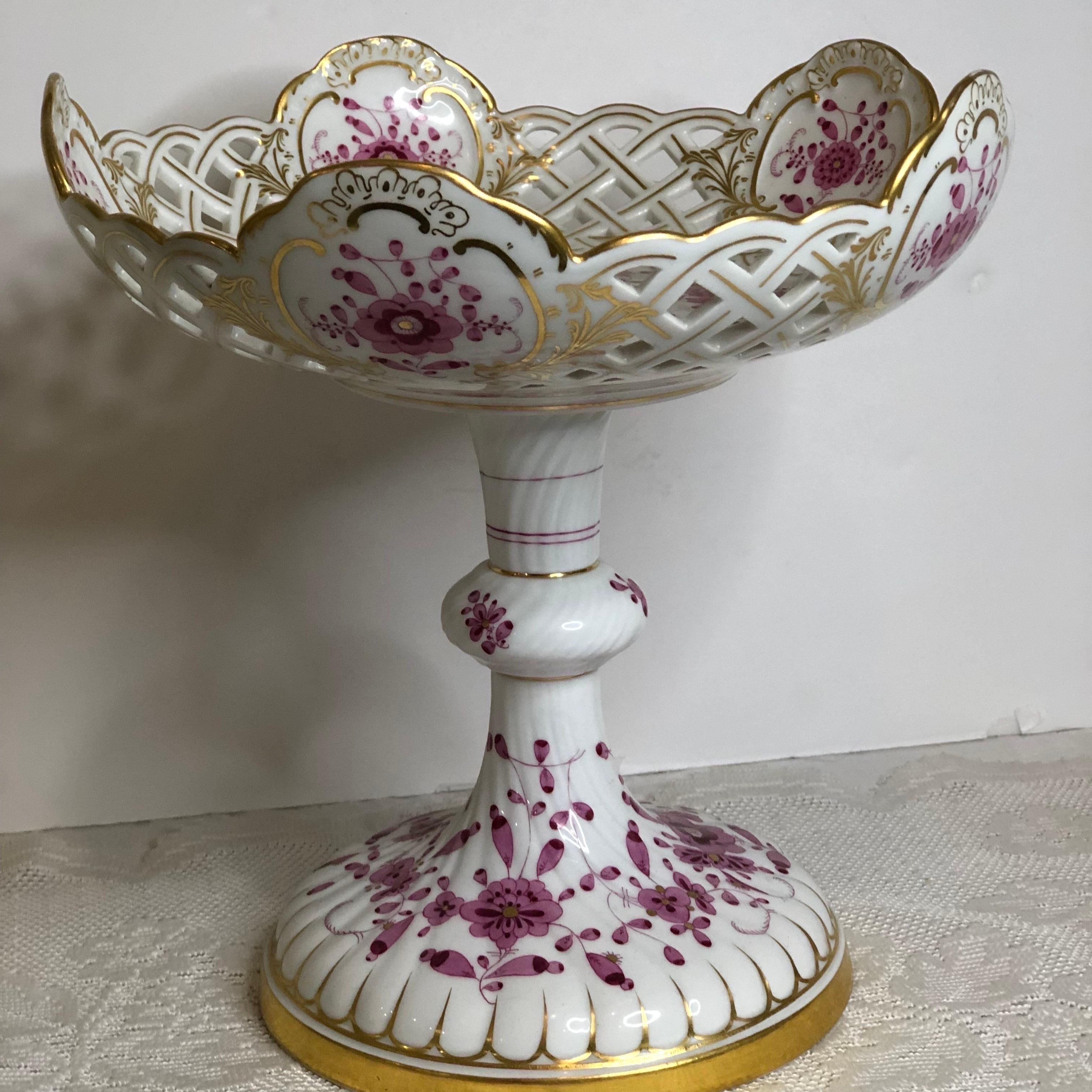 Tall Meissen Purple Indian Reticulated Compote with Pink, Puce & Gold Decoration 10