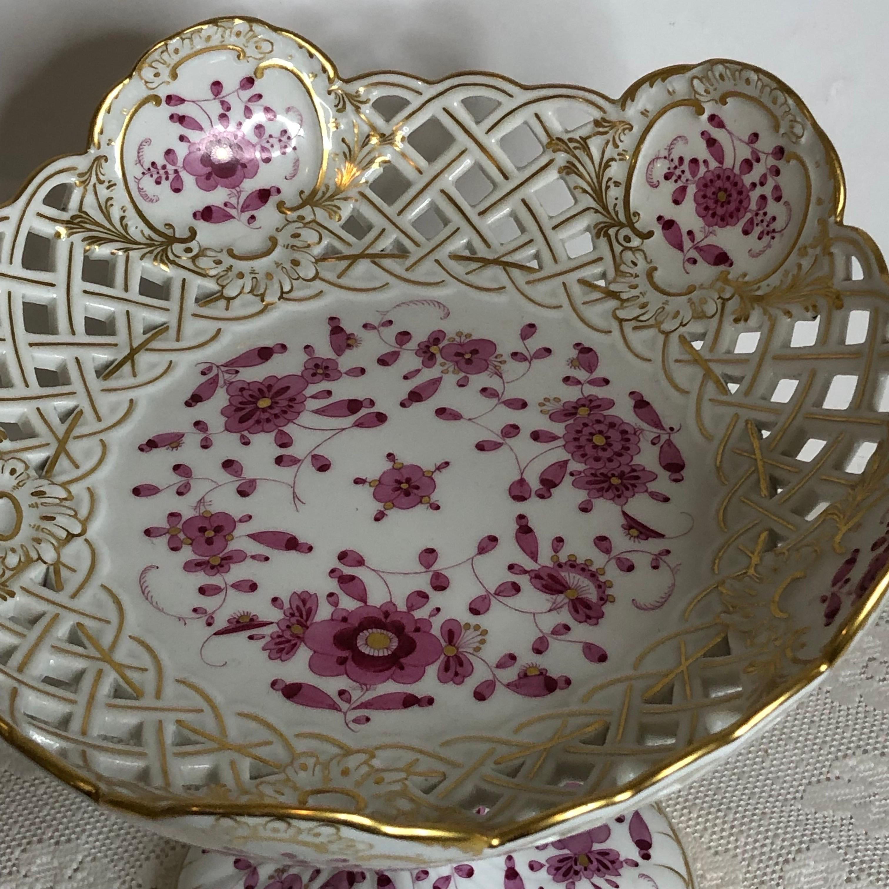 Tall Meissen Purple Indian Reticulated Compote with Pink, Puce & Gold Decoration 11