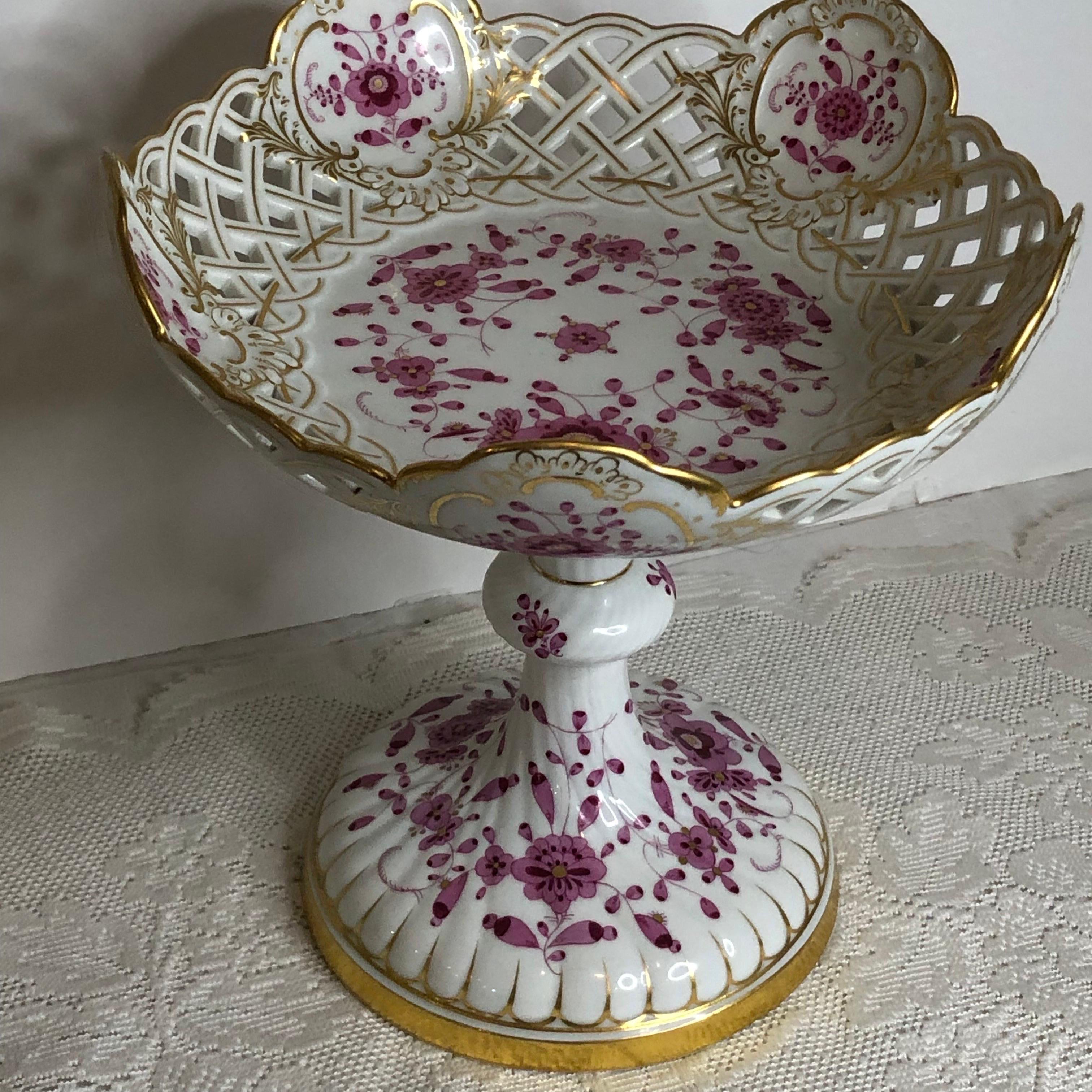 Tall Meissen Purple Indian Reticulated Compote with Pink, Puce & Gold Decoration 12