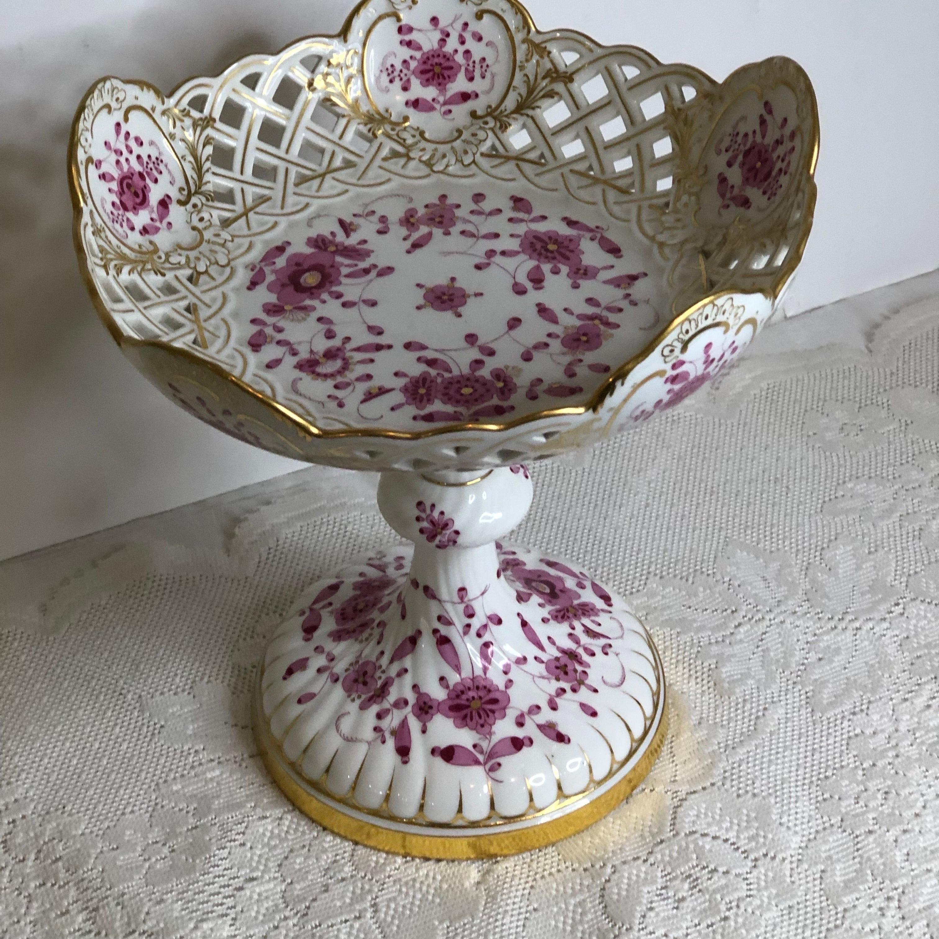 Rococo Tall Meissen Purple Indian Reticulated Compote with Pink, Puce & Gold Decoration