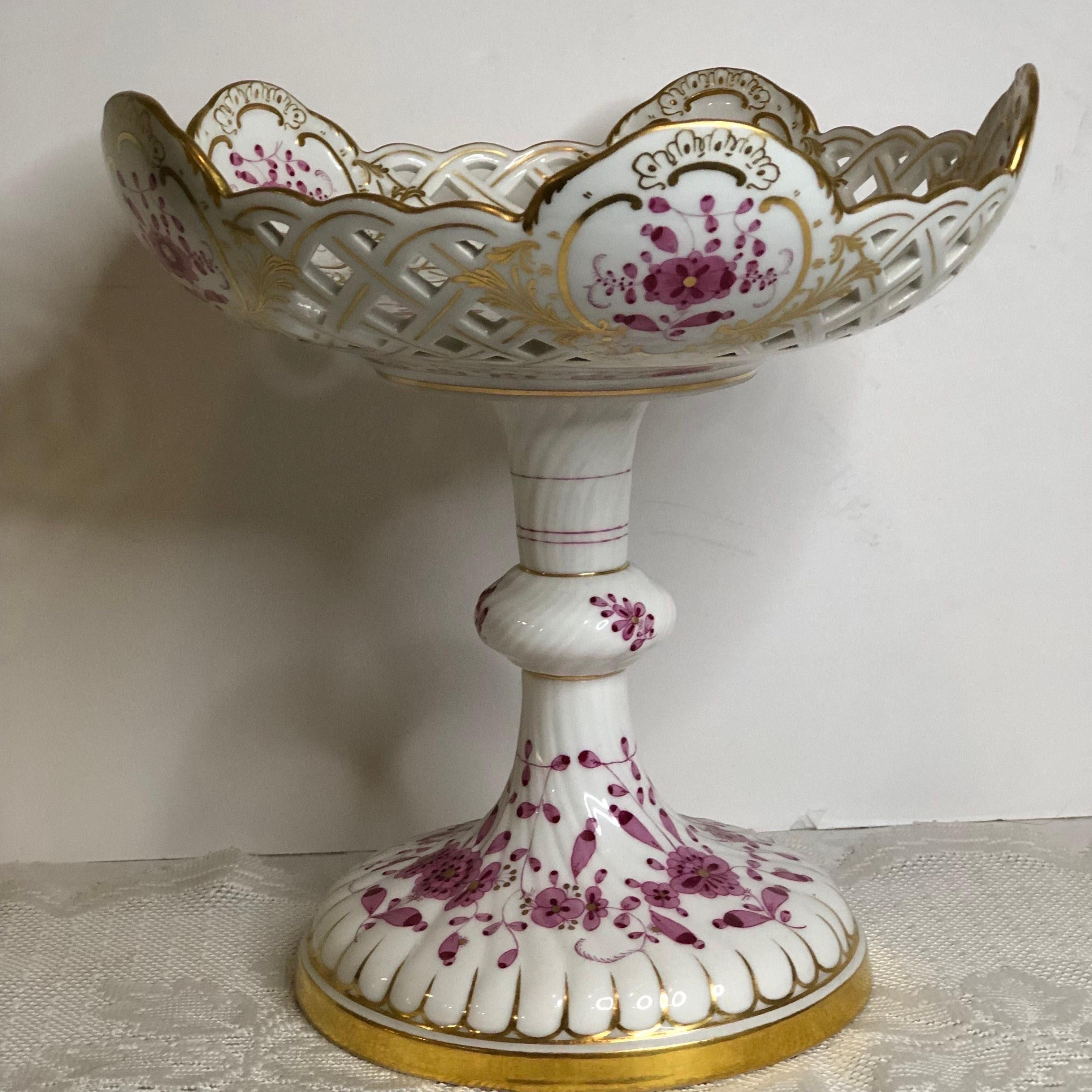 German Tall Meissen Purple Indian Reticulated Compote with Pink, Puce & Gold Decoration