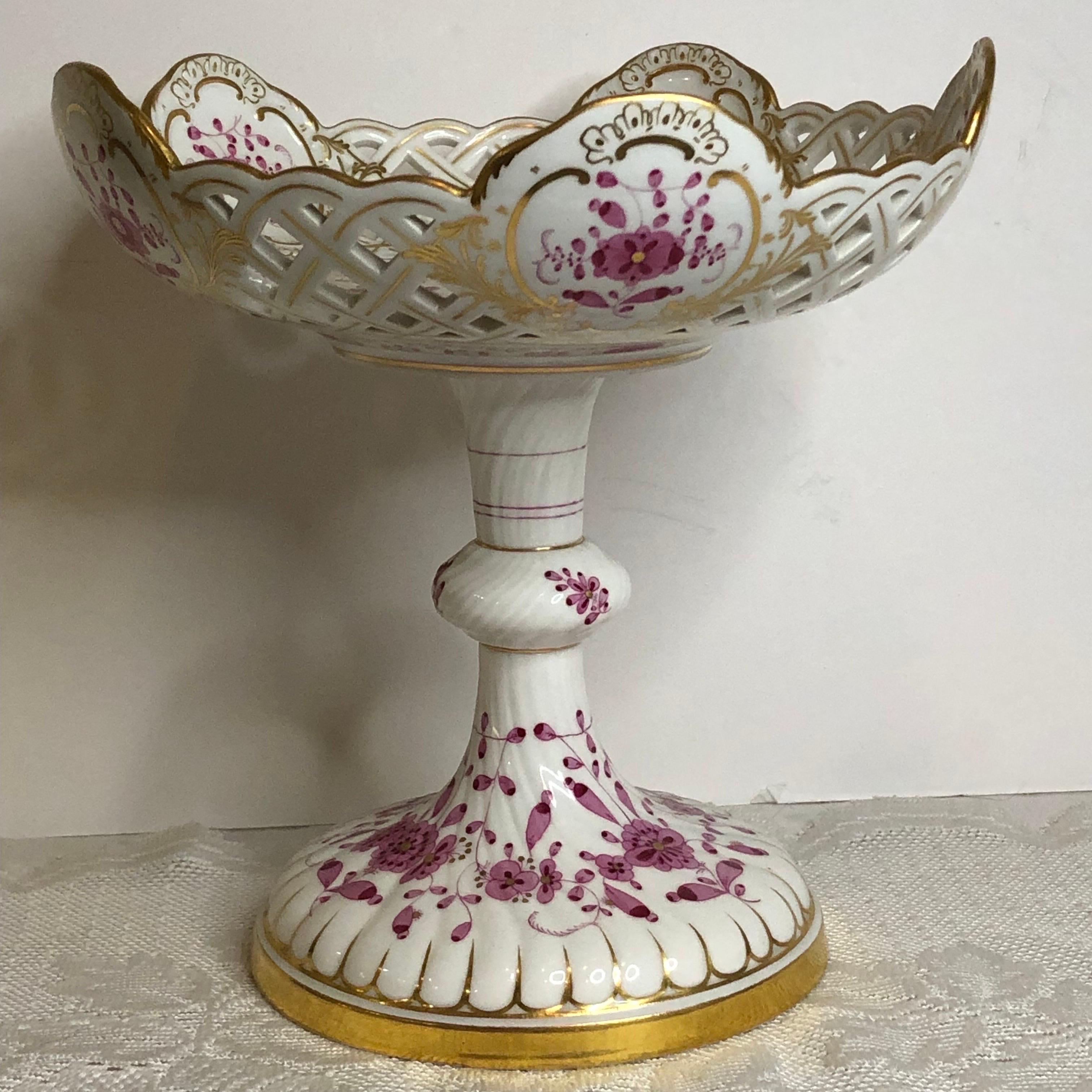 Hand-Painted Tall Meissen Purple Indian Reticulated Compote with Pink, Puce & Gold Decoration