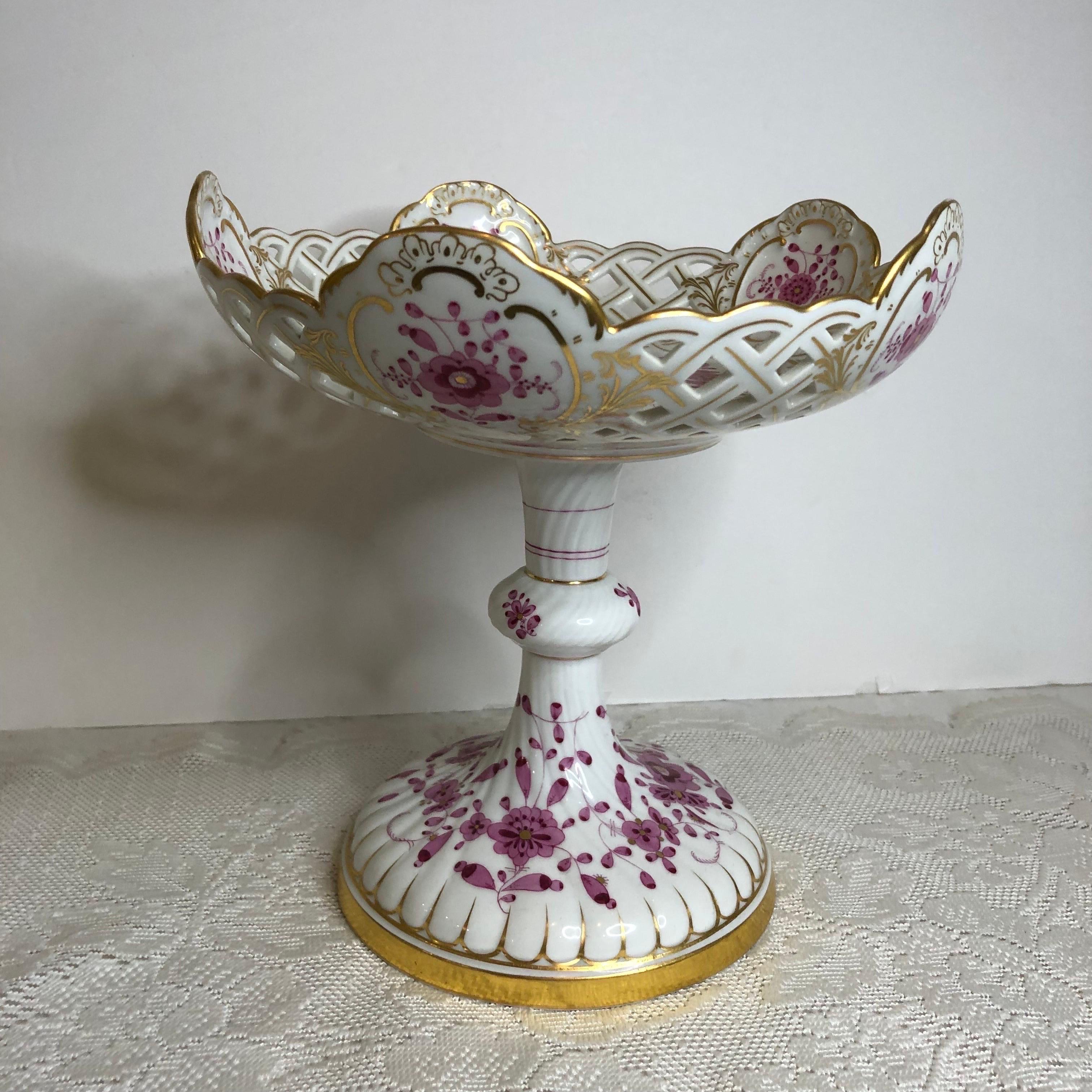 Tall Meissen Purple Indian Reticulated Compote with Pink, Puce & Gold Decoration In Good Condition In Boston, MA