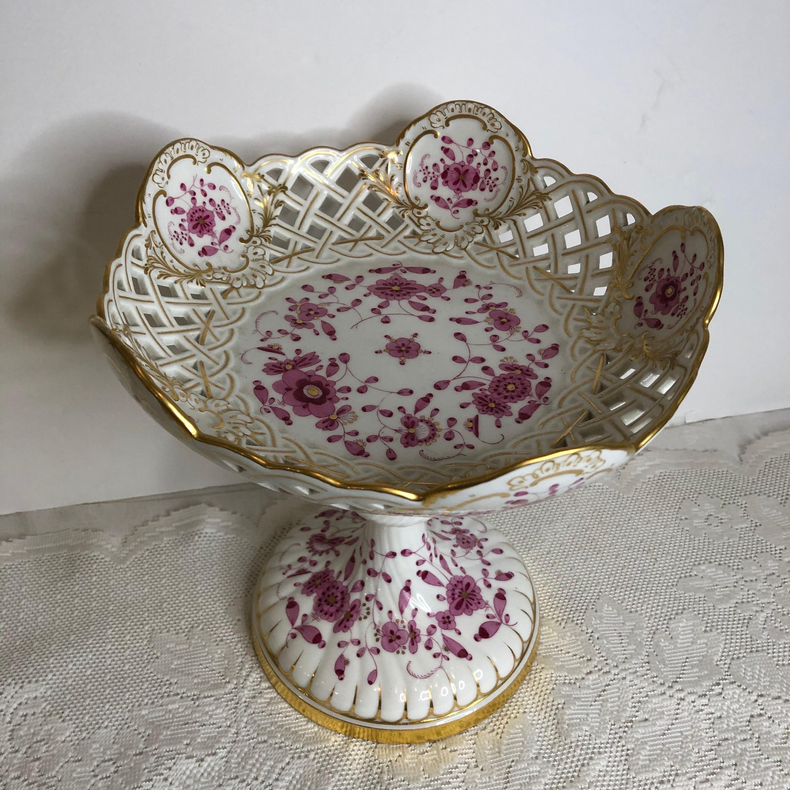 Rococo Tall Meissen Purple Indian Reticulated Compote with Pink, Puce & Gold Decoration