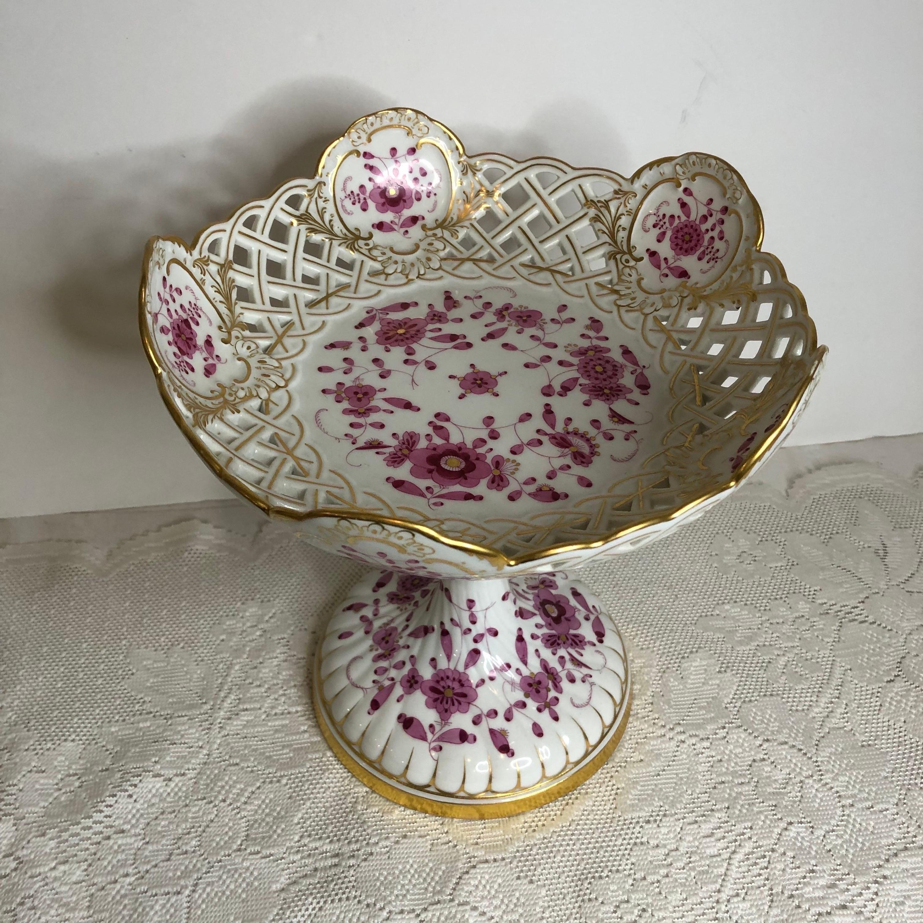 Late 19th Century Tall Meissen Purple Indian Reticulated Compote with Pink, Puce & Gold Decoration