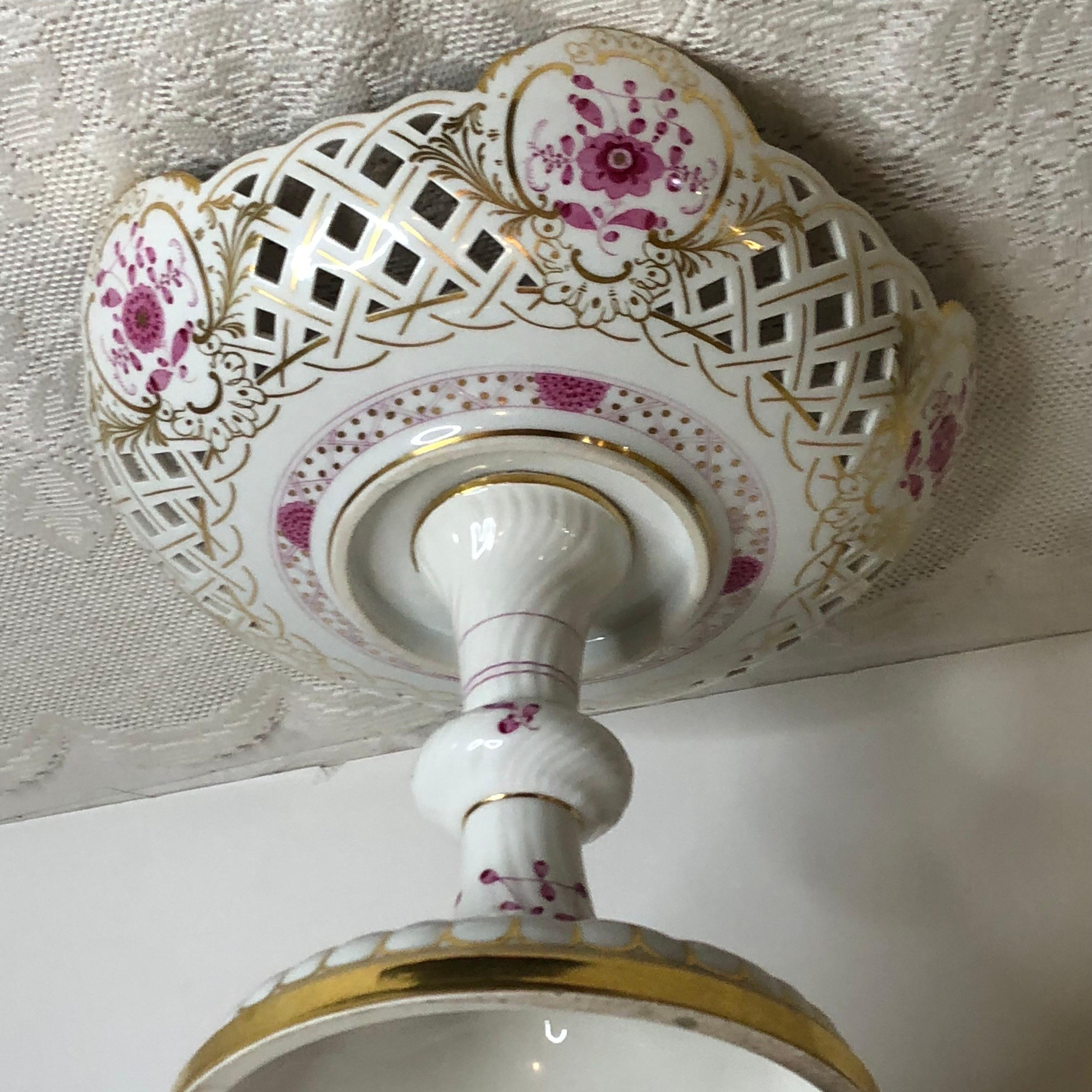 Porcelain Tall Meissen Purple Indian Reticulated Compote with Pink, Puce & Gold Decoration