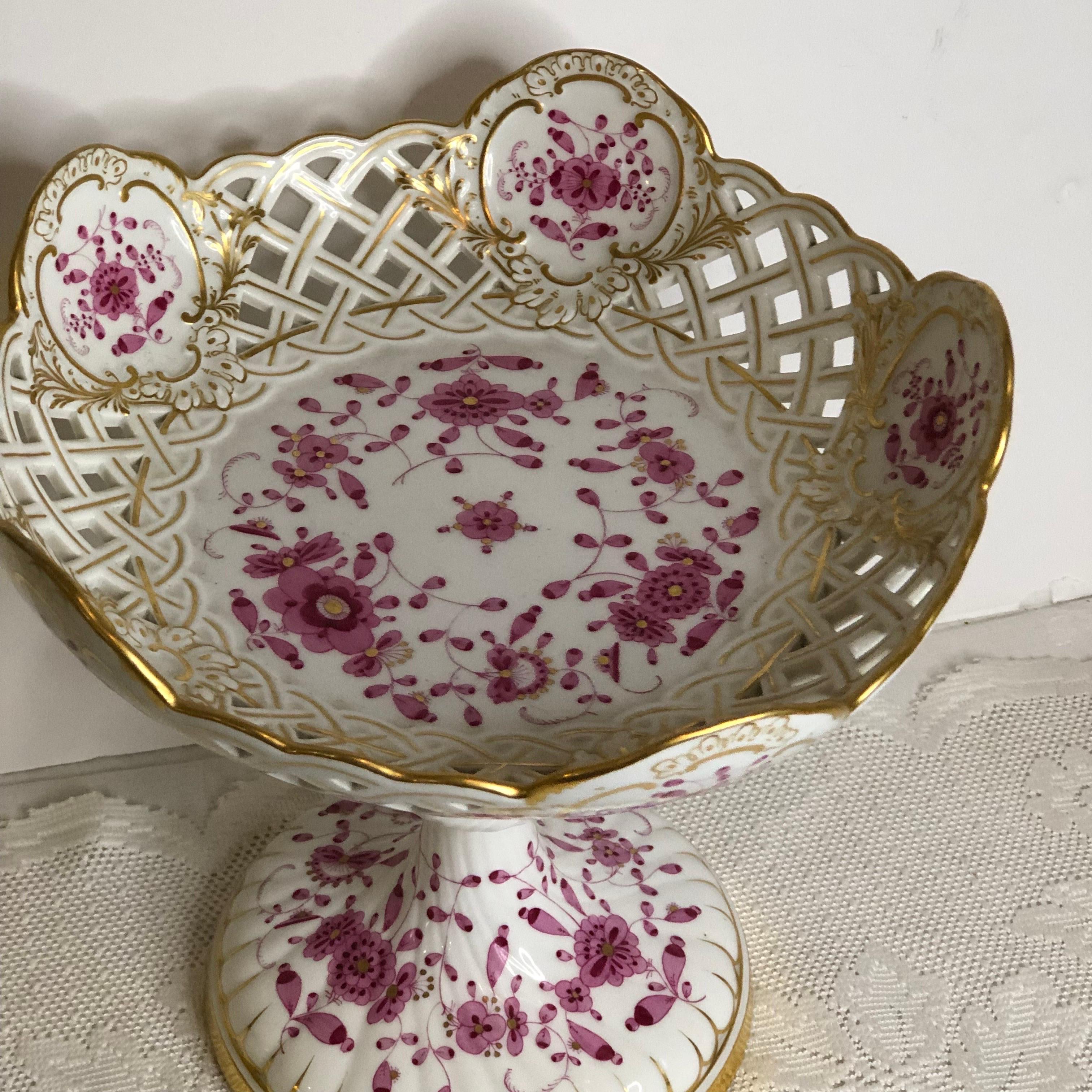 Hand-Painted Tall Meissen Purple Indian Reticulated Compote with Pink, Puce & Gold Decoration