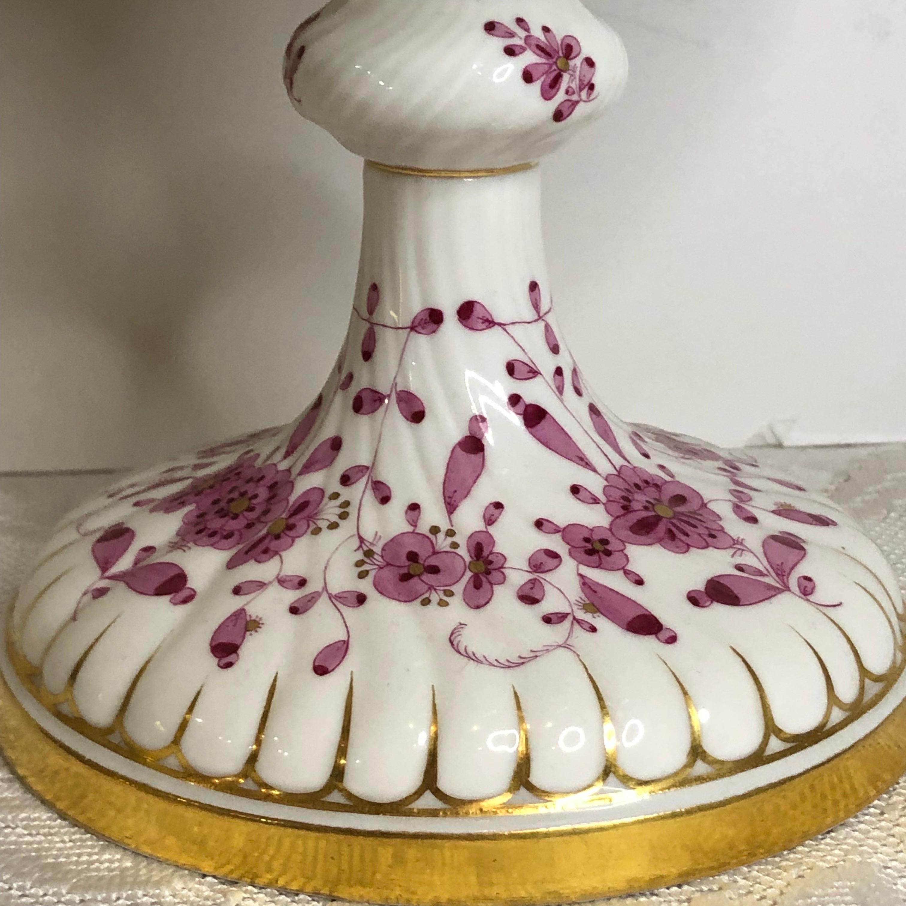 Tall Meissen Purple Indian Reticulated Compote with Pink, Puce & Gold Decoration In Good Condition In Boston, MA