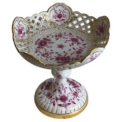Tall Meissen Purple Indian Reticulated Compote with Pink, Puce & Gold Decoration