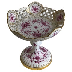 Antique Tall Meissen Purple Indian Reticulated Compote with Pink, Puce & Gold Decoration