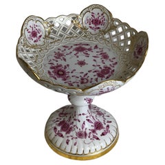 Antique Tall Meissen Purple Indian Reticulated Compote with Pink, Puce & Gold Decoration