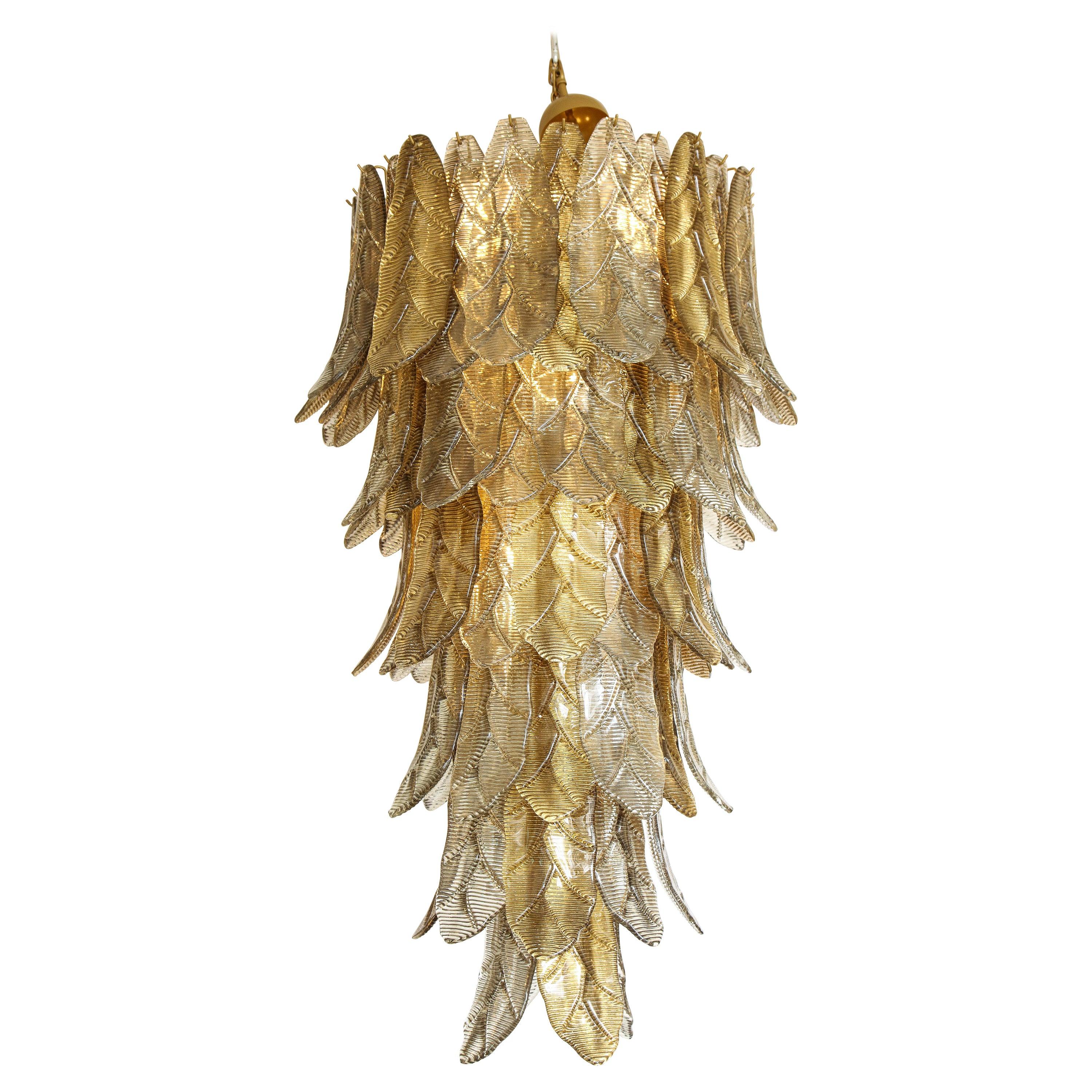 Tall Metallic Gold and Smoked Taupe Murano Glass "Leaves" Chandelier, Italy 2021