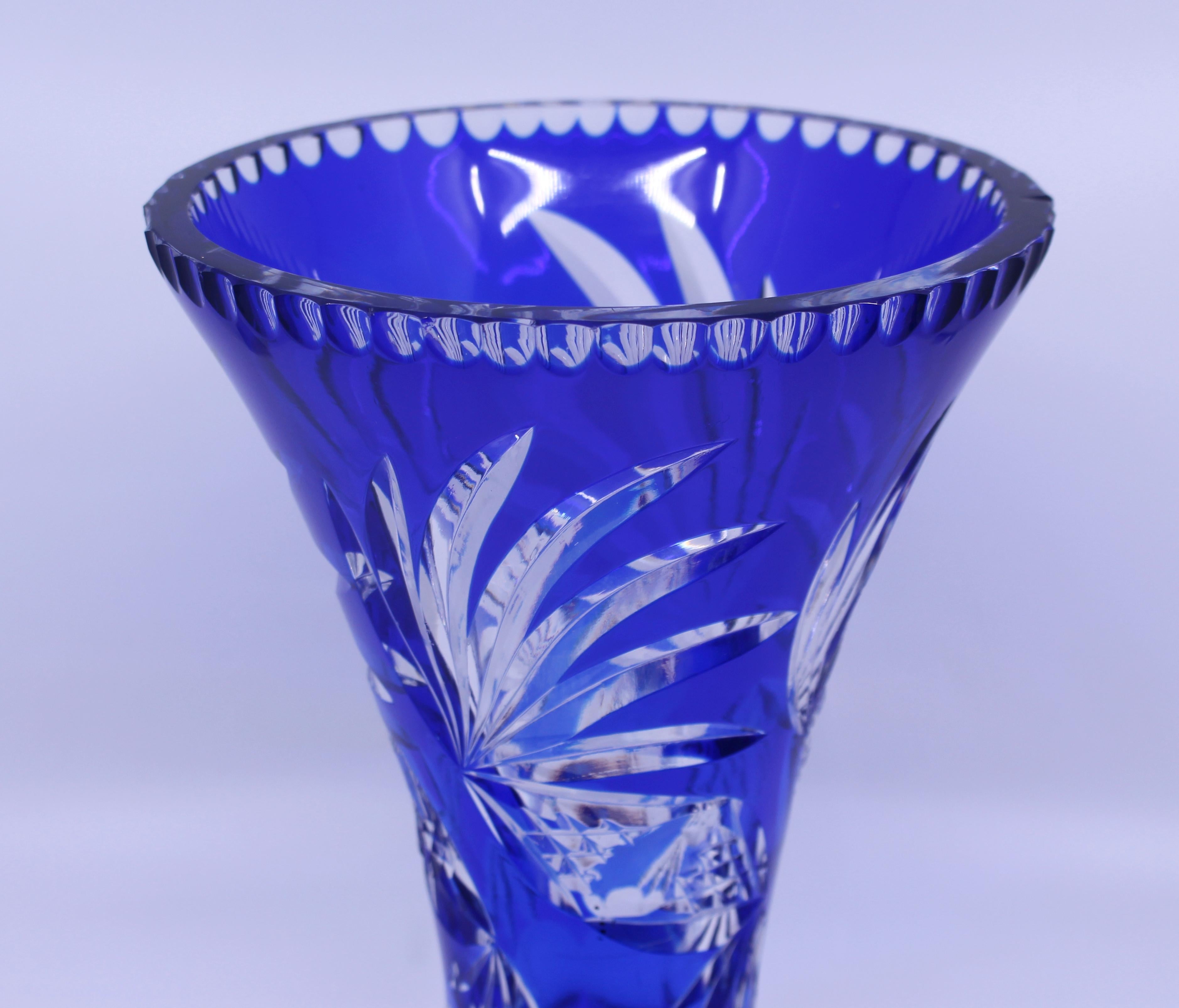 English Tall Mid-20th Century Stourbridge Blue Overlay Crystal Flower Vase For Sale