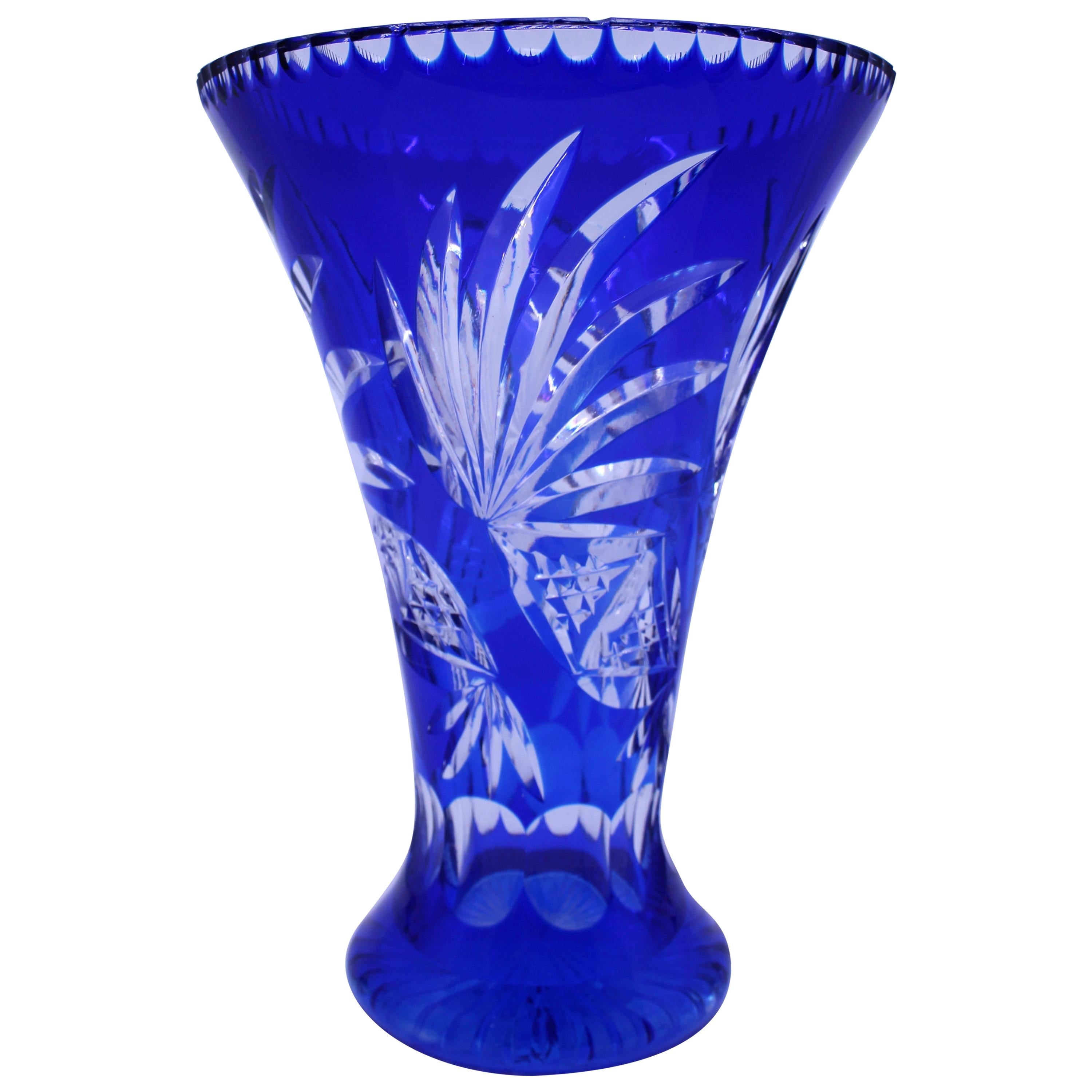 Tall Mid-20th Century Stourbridge Blue Overlay Crystal Flower Vase For Sale