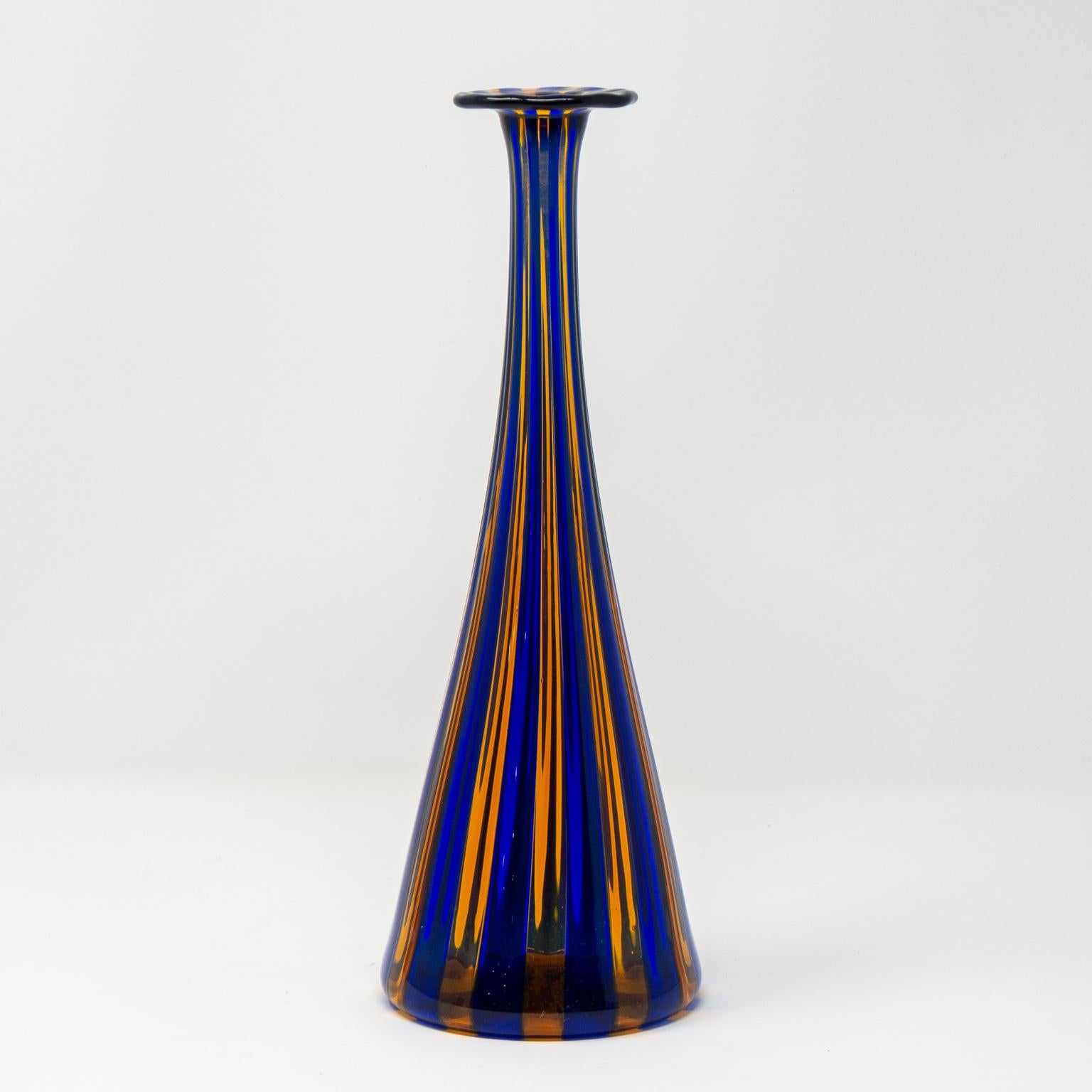 Mid-Century Modern Tall Midcentury Blue and Orange Striped Murano Glass Vase