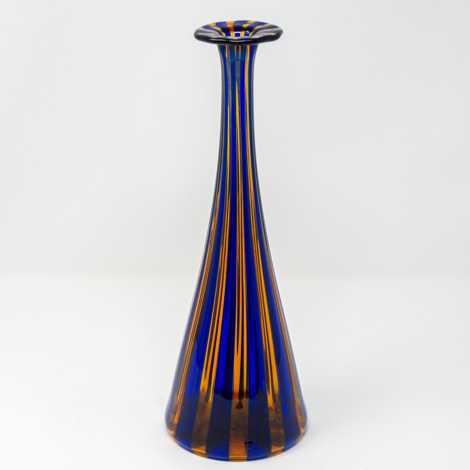 Italian Tall Midcentury Blue and Orange Striped Murano Glass Vase