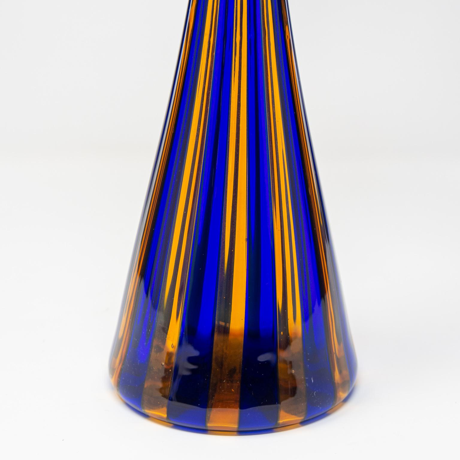 Tall Midcentury Blue and Orange Striped Murano Glass Vase 1