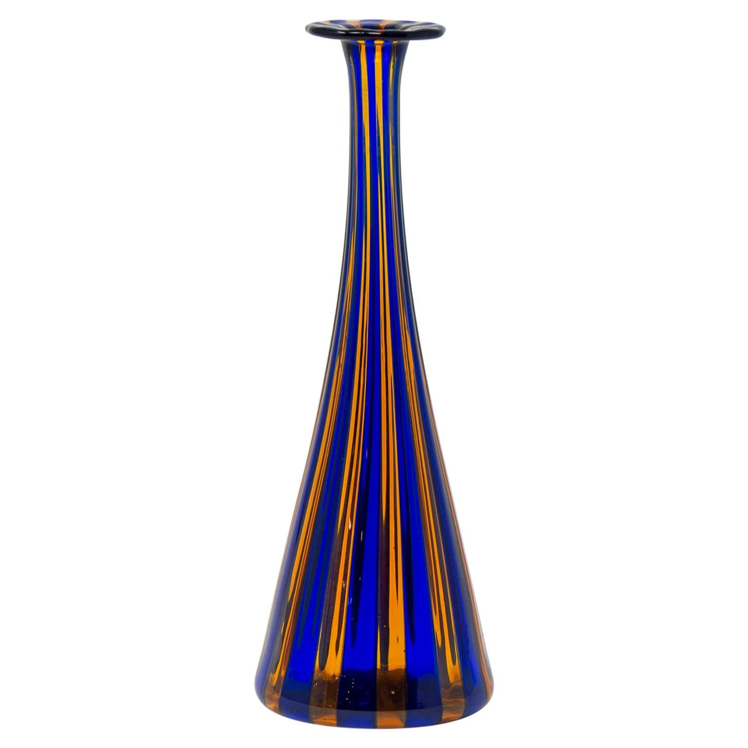 Tall Midcentury Blue and Orange Striped Murano Glass Vase