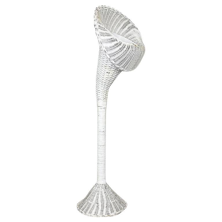 Tall Mid Century Bohemian White Wicker Vintage Trumpet Plant Stand or Planter For Sale