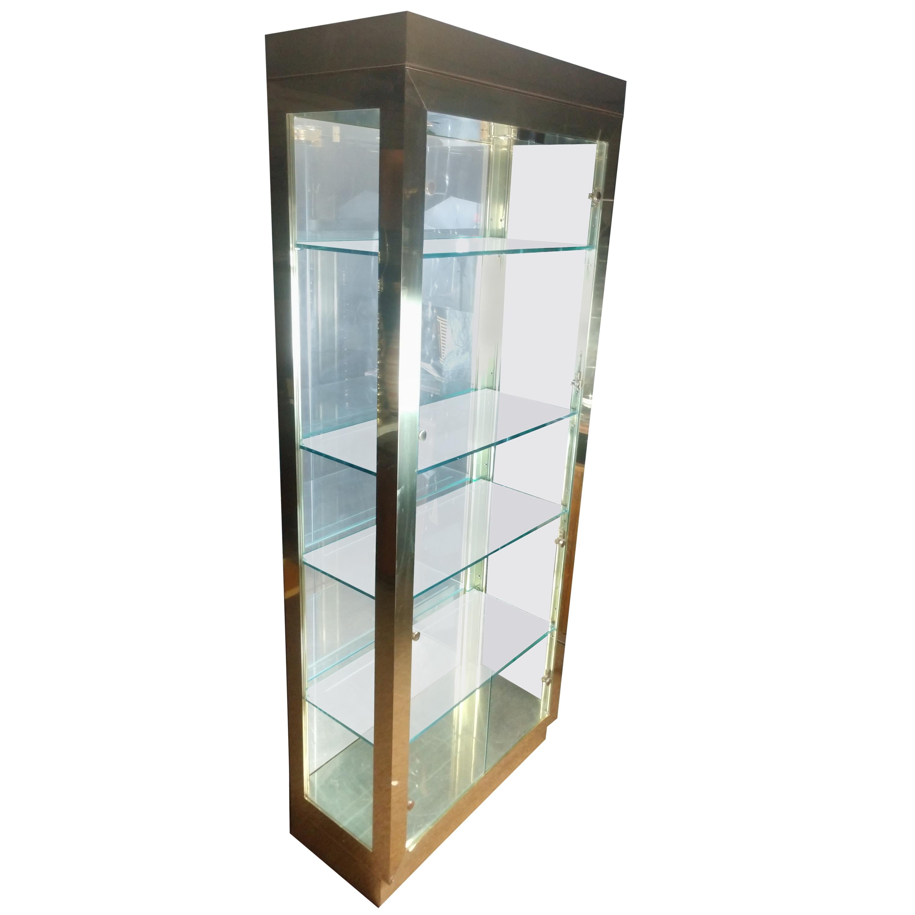 Vintage Modern Brass and Glass Lighted Display Vitrine at 1stDibs