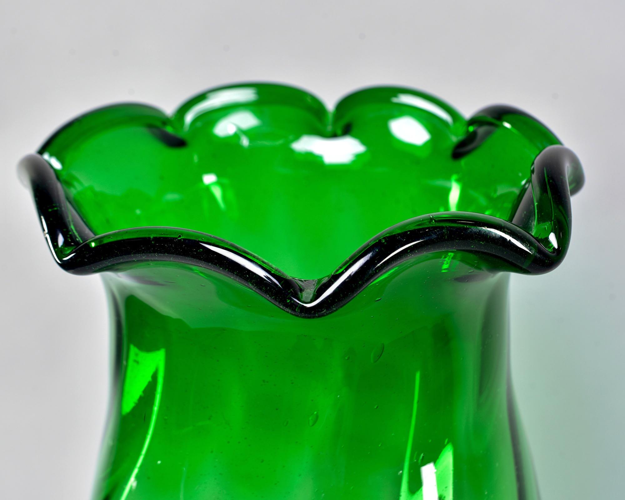 Blown Glass Tall Midcentury European Green Art Glass Vase