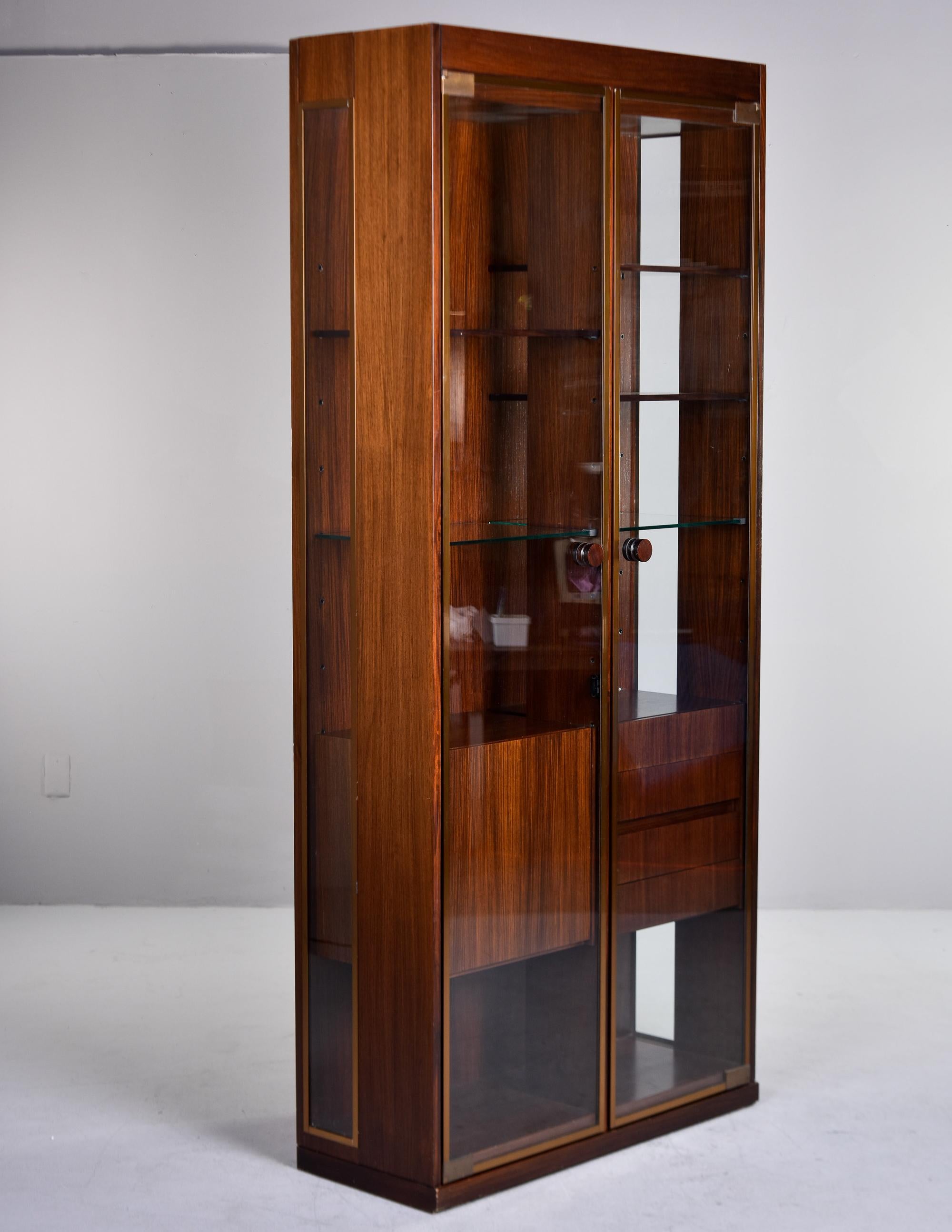 Tall Mid Century French Walnut Cabinet with Glass Doors For Sale 7