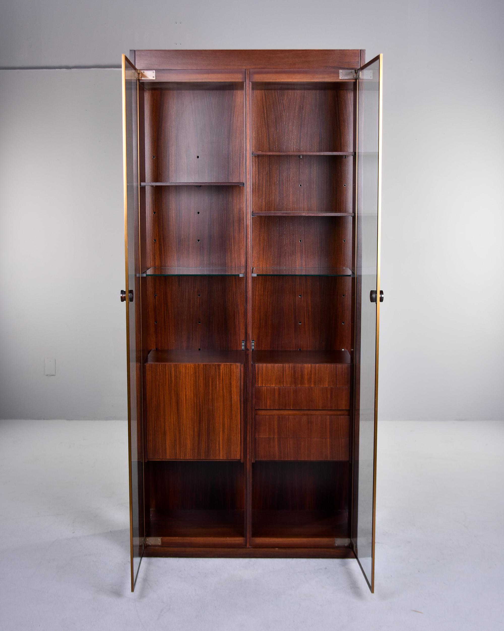 Mid-Century Modern Tall Mid Century French Walnut Cabinet with Glass Doors For Sale