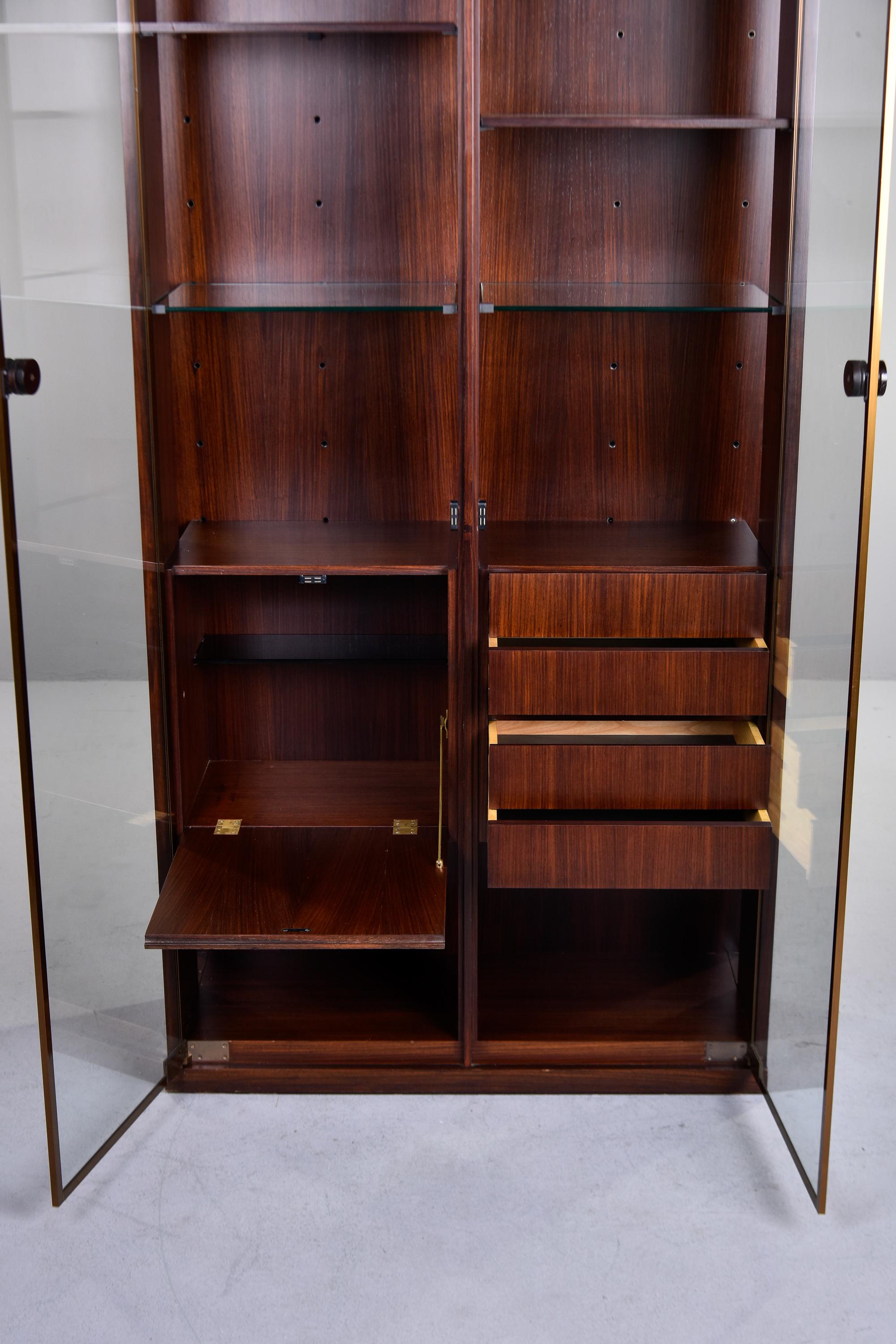 Tall Mid Century French Walnut Cabinet with Glass Doors In Good Condition For Sale In Troy, MI