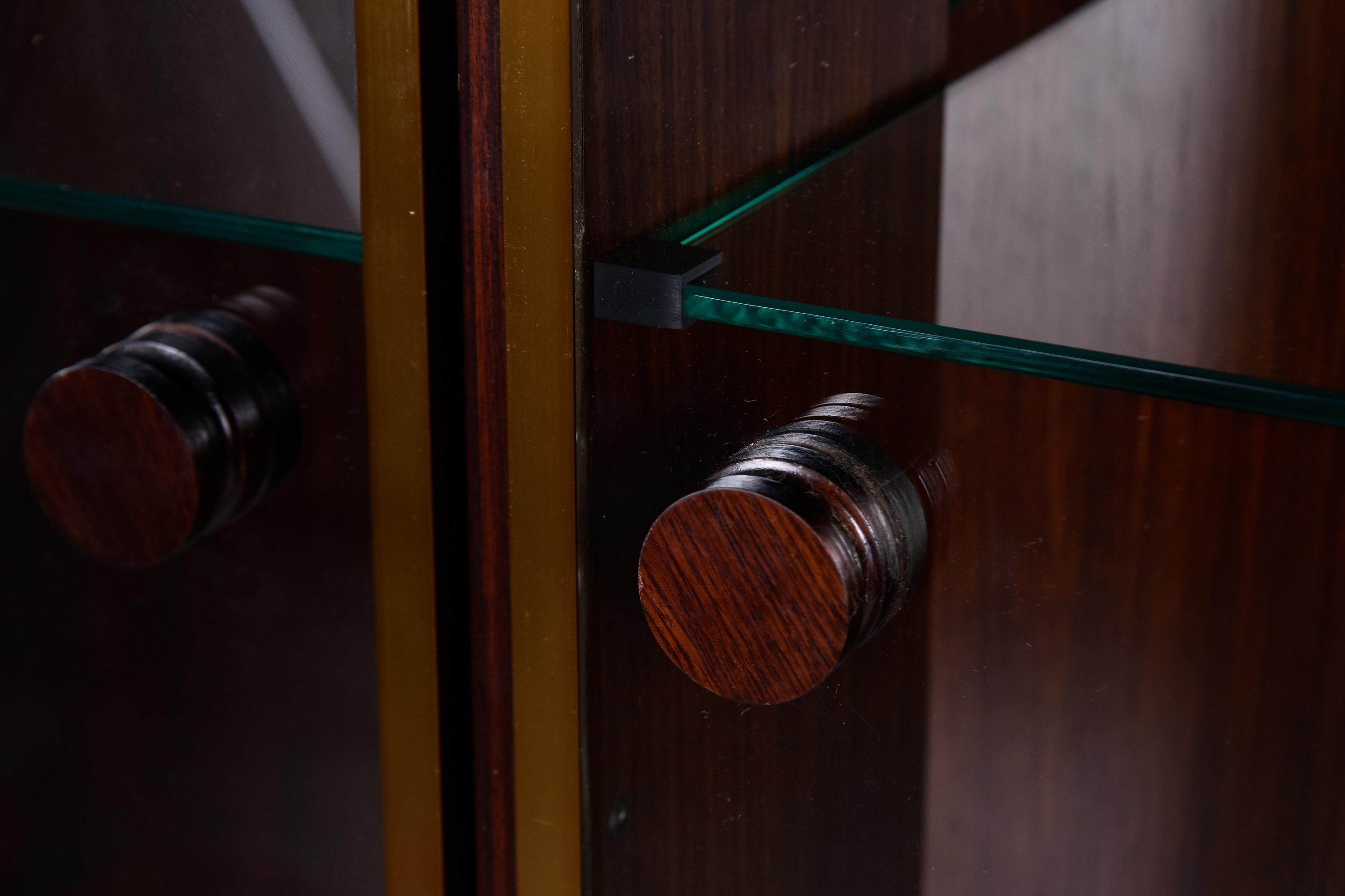 Tall Mid Century French Walnut Cabinet with Glass Doors For Sale 1