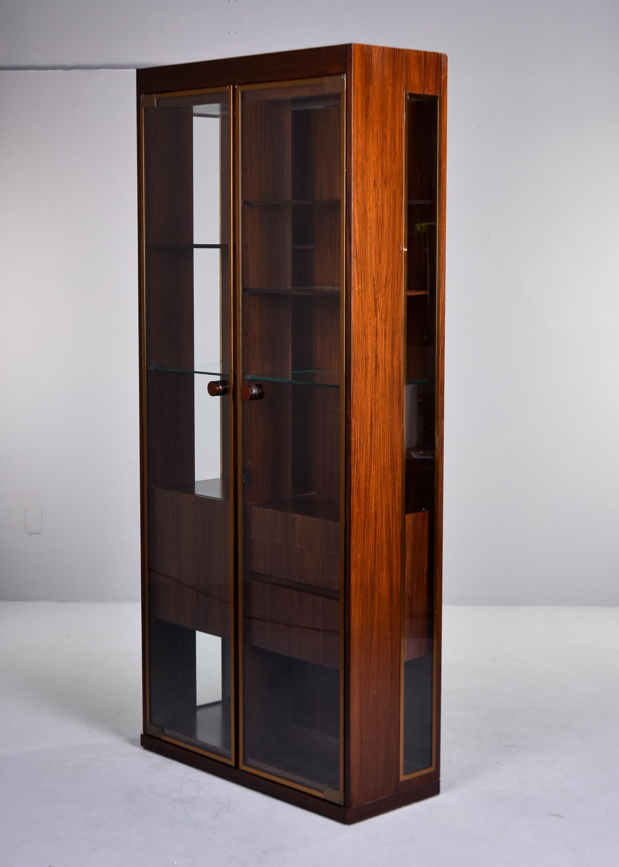 Brass Tall Mid Century French Walnut Cabinet with Glass Doors For Sale