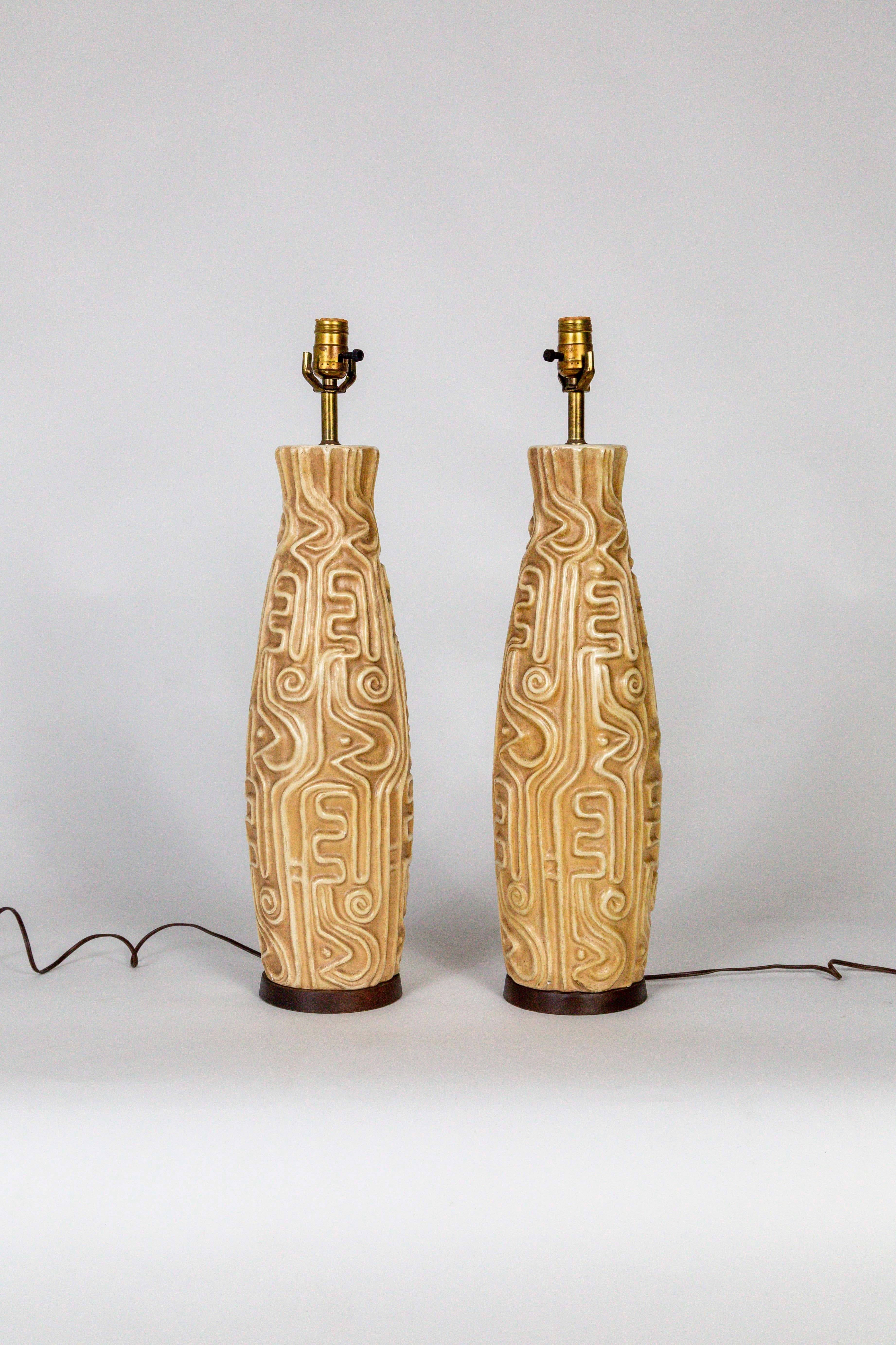 Tall Midcentury High Relief Carved Tan Pottery Lamps 'Pair' 4